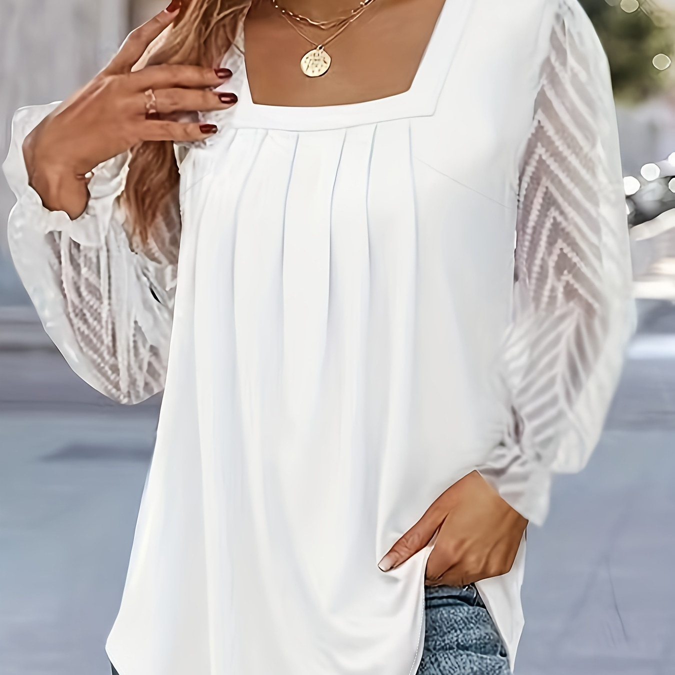 Plus Size Casual Blouse, Women's Plus Solid Contrast Lace Lantern Sleeve Square Neck Pleated Top