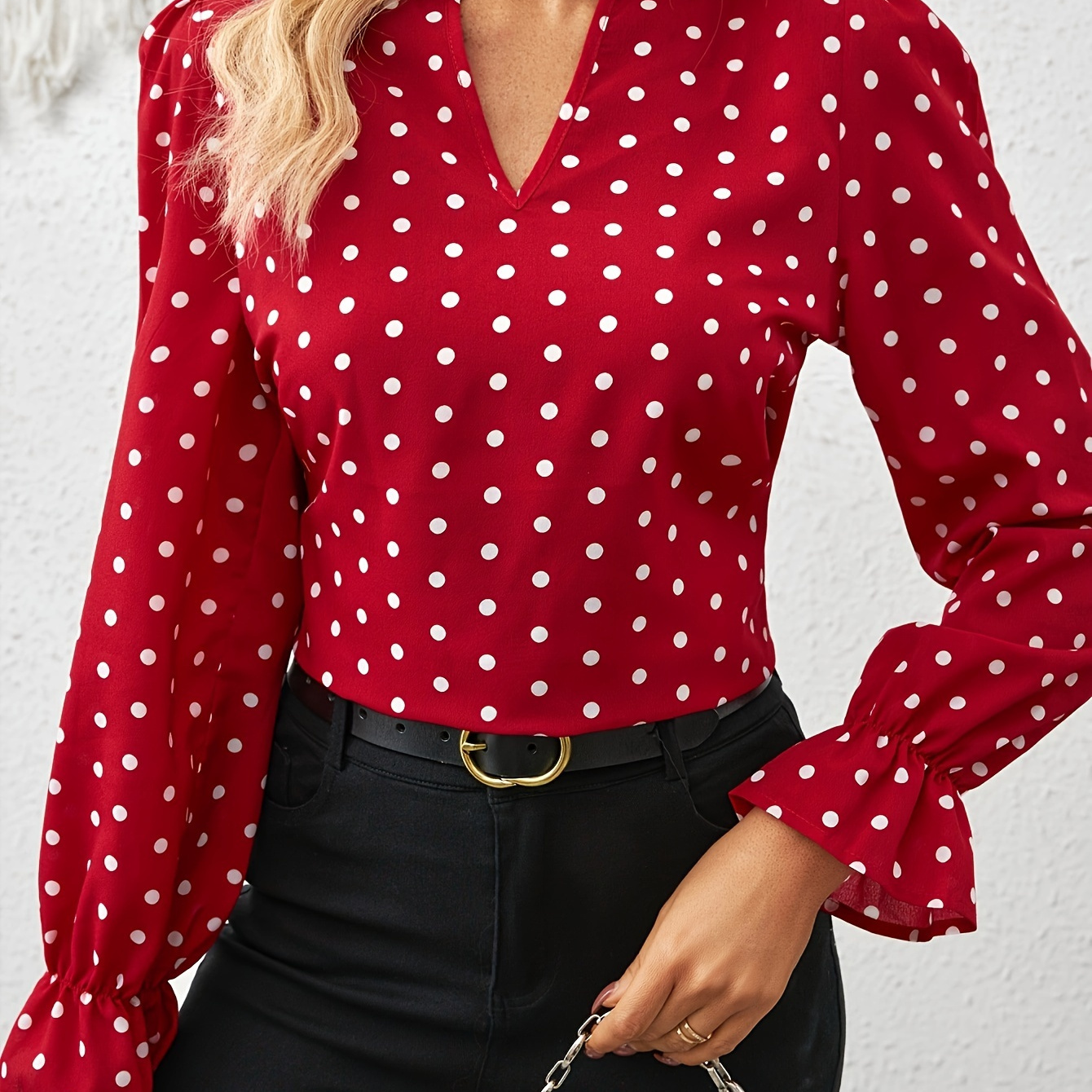 

Shirt With Polka , Collar, And Flared Sleeves