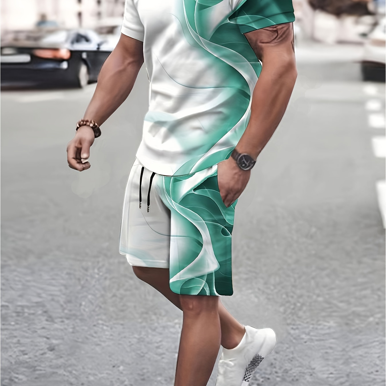 

Plus Size Men's Contrast Color Pattern Graphic Print T-shirt & Shorts Set For Outdoor Sports, 2pcs Outfits