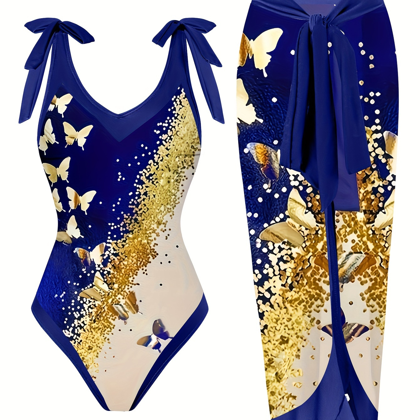 

Plus Size Vacay Tankini Set, Women's Plus Glitter Butterfly Print Tie Shoulder 1 Piece Swimsuit & Wrap Skirt Tankini 2 Piece Set