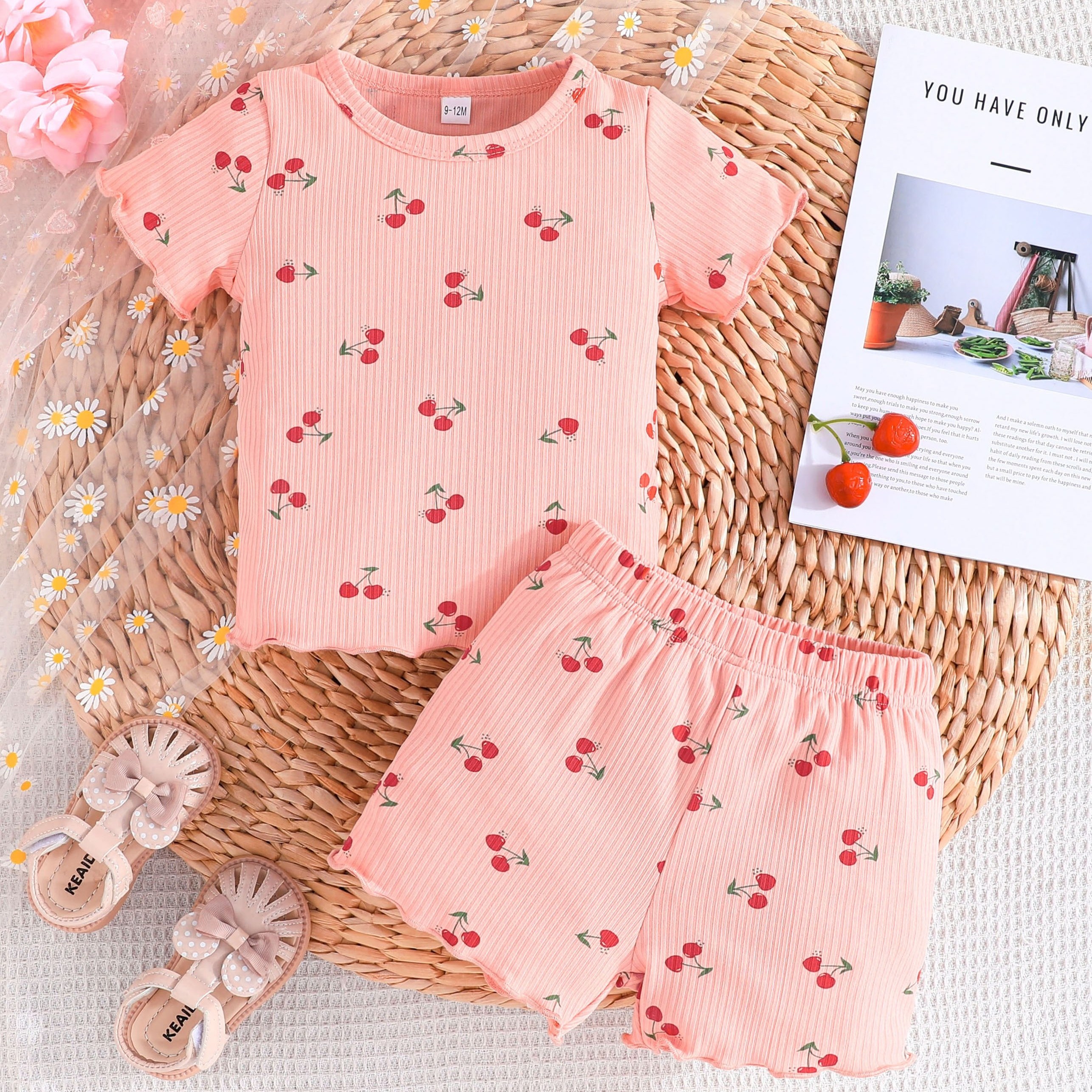 

Baby's Cartoon Cherry Full Print 2pcs Casual Summer Outfit, Ribbed T-shirt & Shorts Set, Toddler & Infant Girl's Clothes For Daily/holiday/party