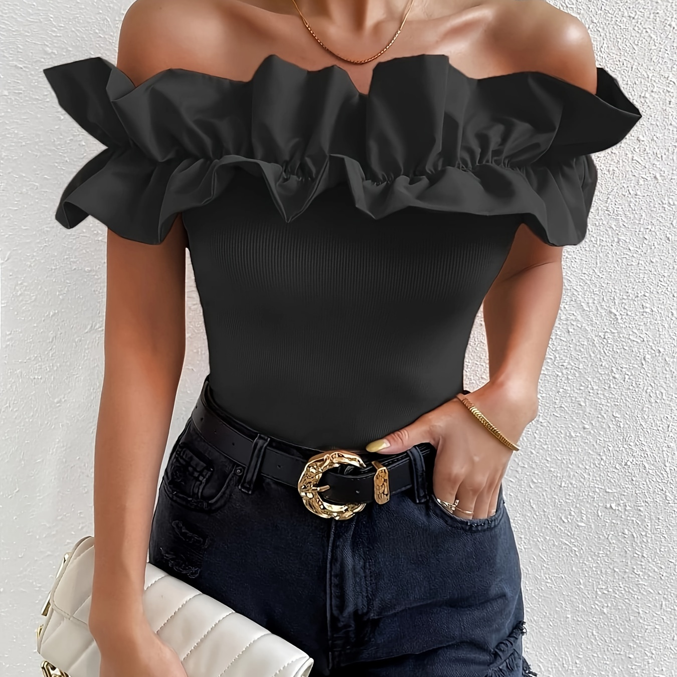 

Ruffle Hem Off Shoulder T-shirt, Elegant Solid Slim Fit T-shirt For Spring & Summer, Women's Clothing