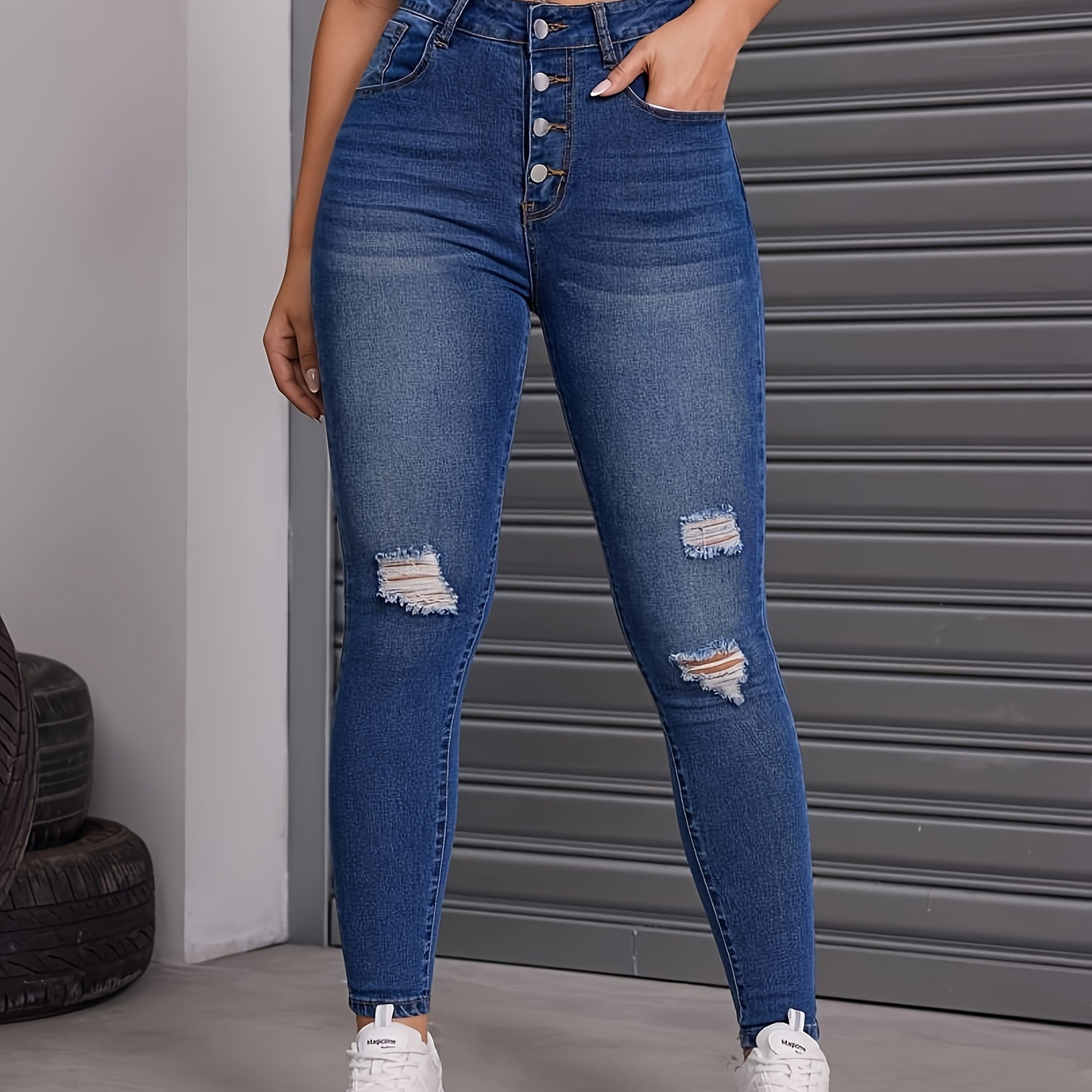 

Blue Ripped Holes Skinny Jeans, Single Breasted Button Washed Tight Jeans, Women's Denim Jeans & Clothing