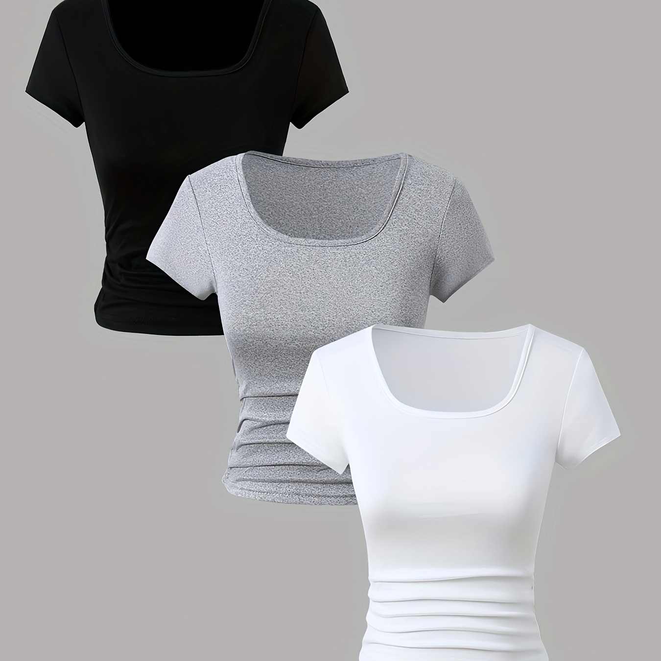 3pcs Girls' Slim-Fit Short Sleeve & Long Sleeve T-Shirts - Round Neck Casual Layering Tops with Smooth Texture, Soft Knit Fabric in Black/Grey Heather/White | Machine Washable Spring Summer Fall Casual Attire | Minimalist Wardrobe Essentials for Layering & Standalone Outfits