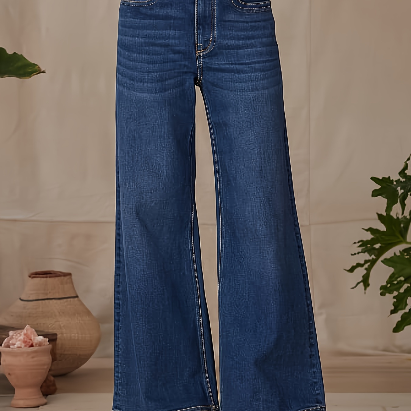 

Women's High-waisted Wide-leg Casual Denim Jeans - Stretchy, Fit With Slant Pockets, Blue, Machine Washable