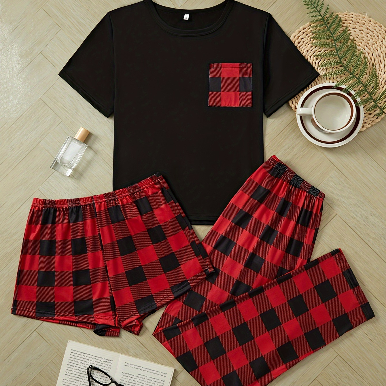 

Plaid Print Pajama Set, Casual Short Sleeve Round Neck Pocketed Top & Pants & Shorts, Women's Sleepwear