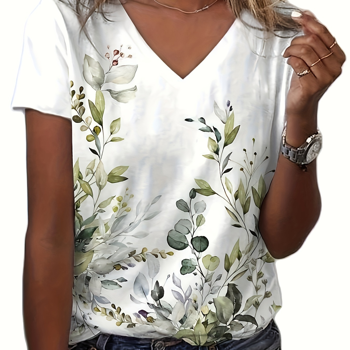

Plant Print V Neck T-shirt, Casual Short Sleeve Top For Spring & Summer, Women's Clothing