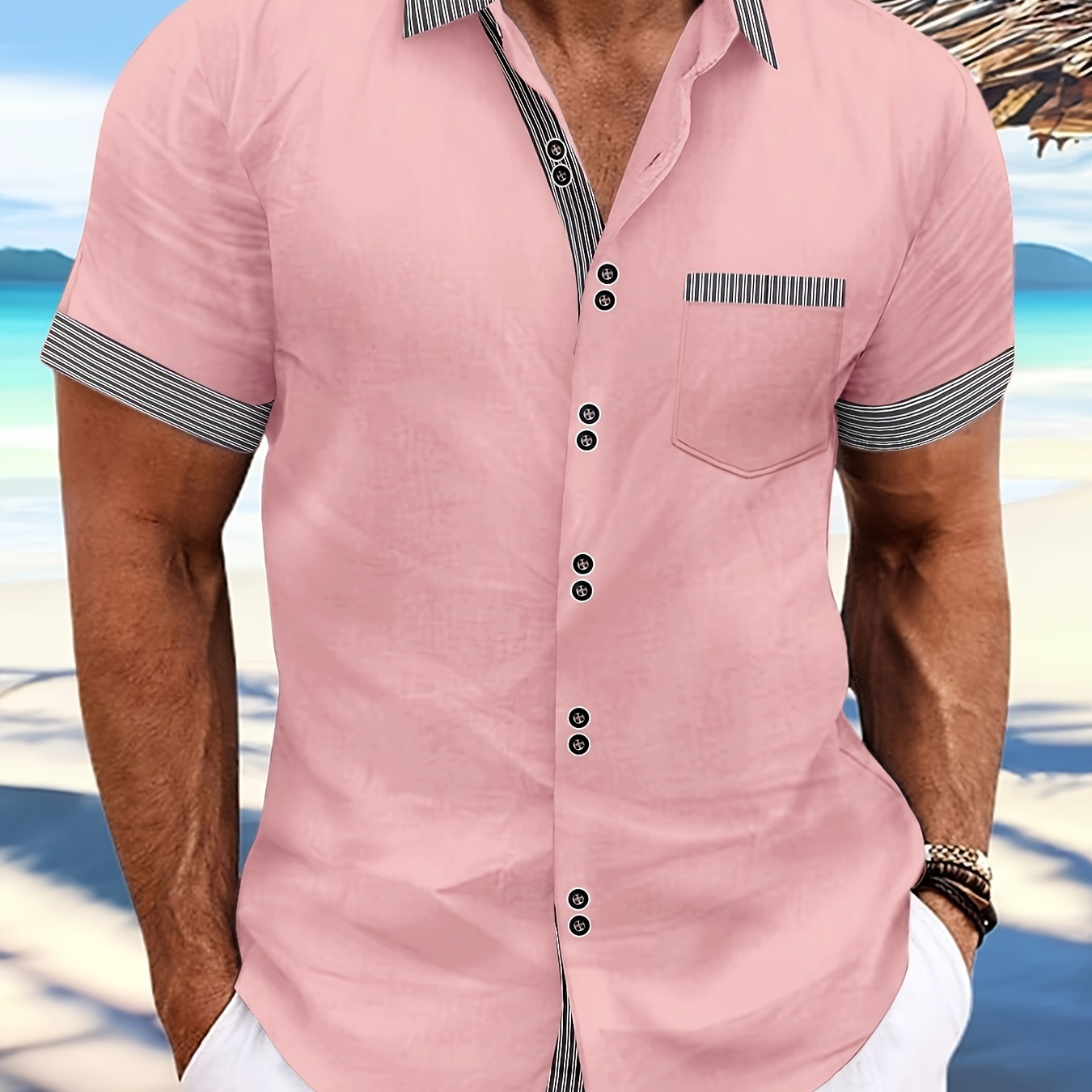 

Men's Short Sleeve Button Up Lapel Shirt With Breasted Pocket And Contrast Color Pieces, Casual And Chic Tops Suitable For Summer Daily And Holiday Wear