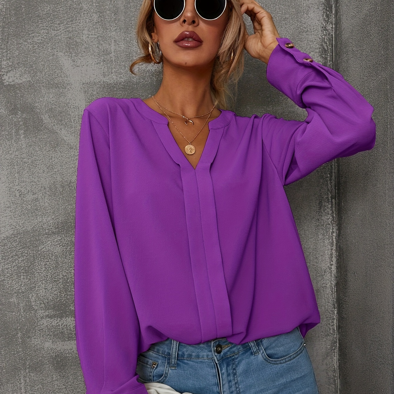 

Elegant Solid Color V-neck Blouse With Lantern Sleeves And Button Detail - Machine Washable, Polyester - Spring & Fall, Plus Size Elegant Blouse