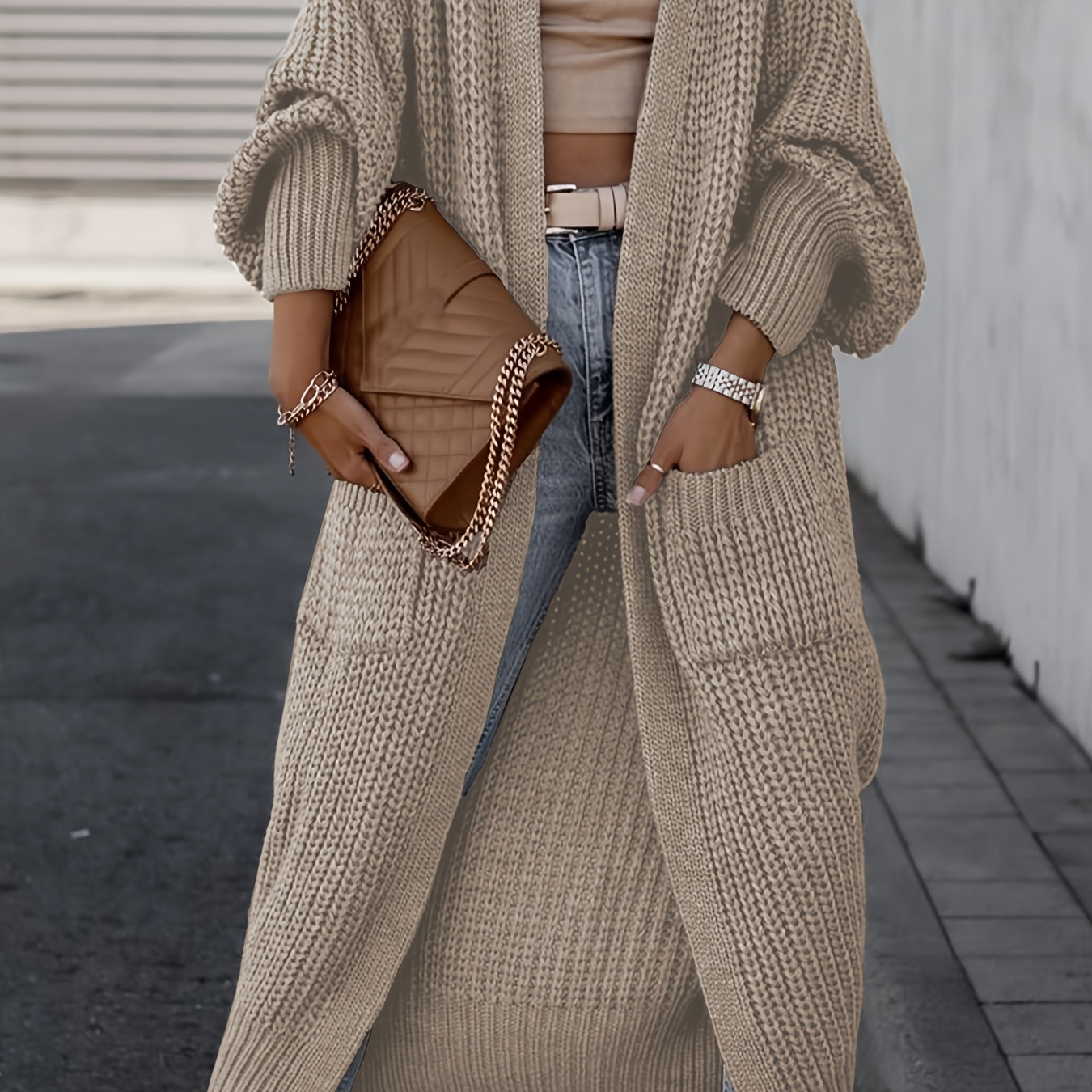 

Gilet Cardigan Tricoté à Devant Ouvert avec Poches, Cardigan Long Décontracté à Manches Longues pour l'Automne et l'Hiver, Vêtements pour Femmes