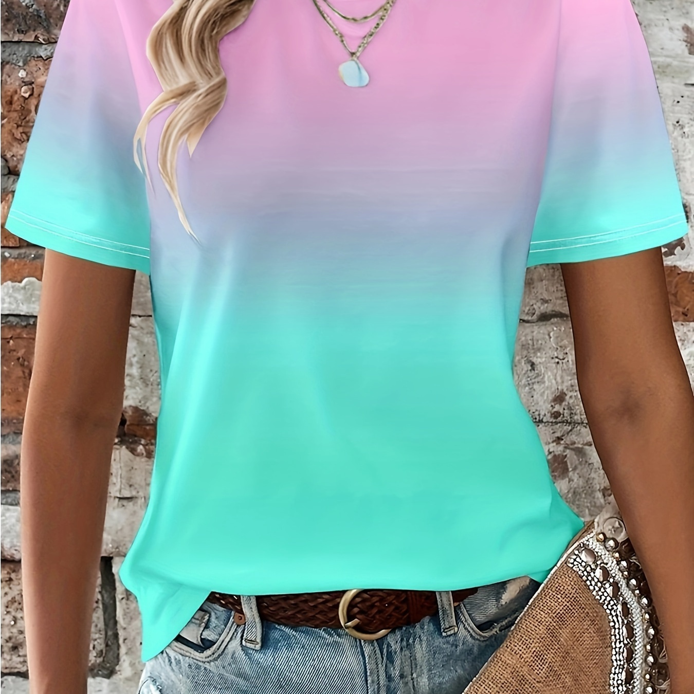 

Gradient Crew Neck T-shirt, Short Sleeve Casual Top For Spring & Summer, Women's Clothing