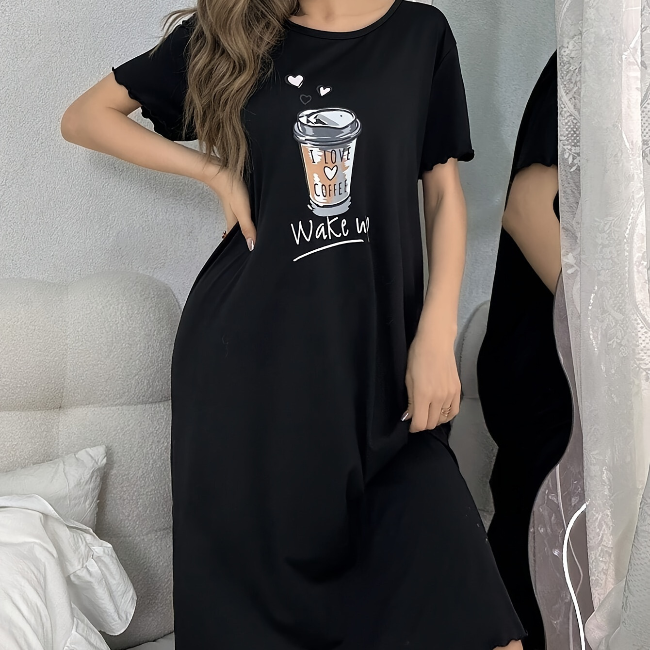 

Robe de nuit décontractée à imprimé slogan et café pour femmes, robe t-shirt à manches courtes et col rond, chemise de nuit confortable