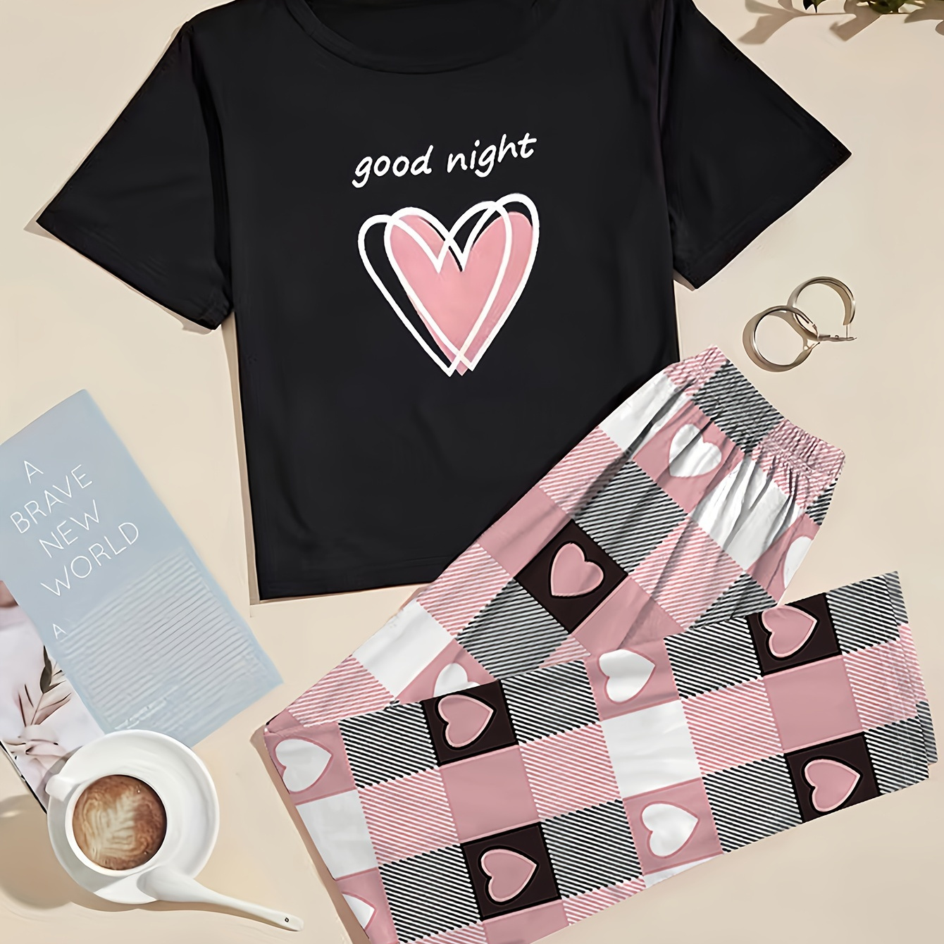 

Heart & Letter Print Pajama Set, Casual Short Sleeve Tops & Plaid Print Elastic Waist Long Pants, Women's Sleepwear & Loungewear