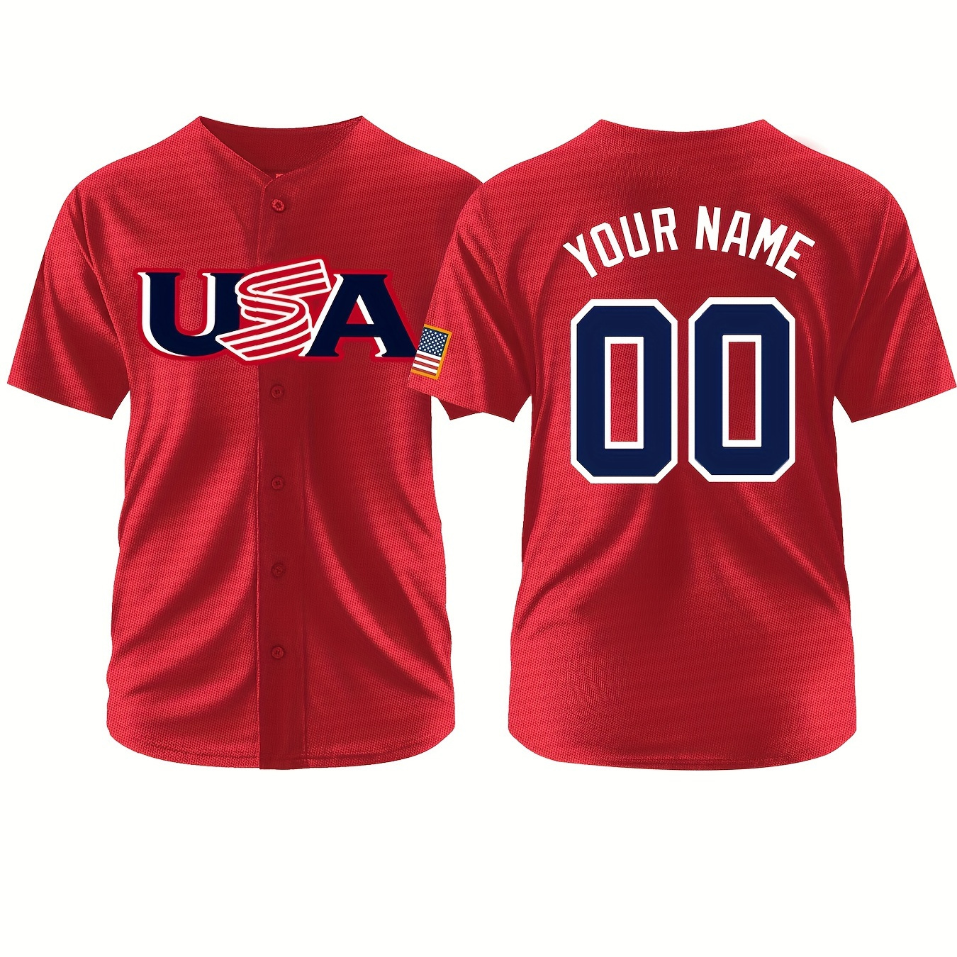 

Men's Customized Name And Number, Usa Embroidery V-neck Button Up Baseball Jersey With Us Flag Label Patchwork, Summer Tops For Sports And Daily Outerwear