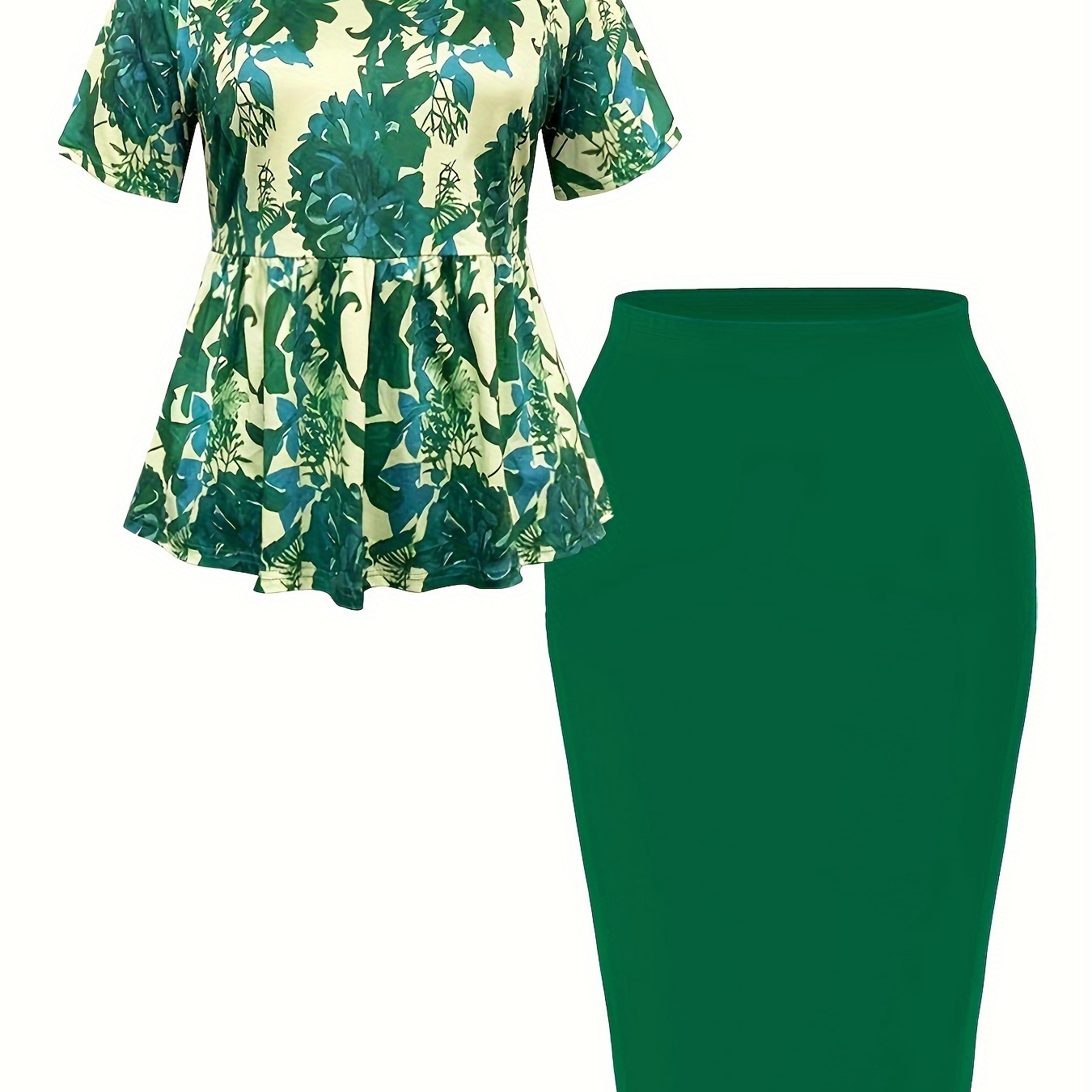 

Plus Size Elegant Spring & Summer Skirt Set, Floral Print Crew Neck Short Sleeve Top & Solid Color Skirt Outfits, Women's Plus Size Clothing