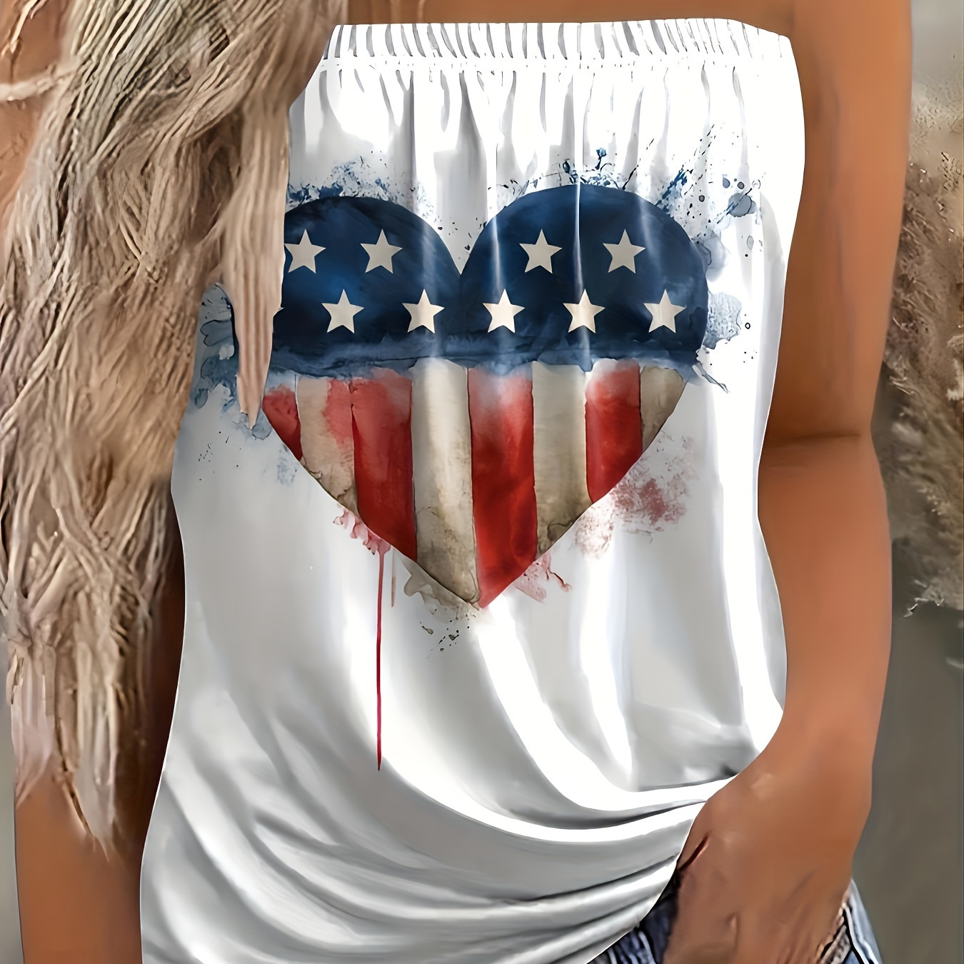 

American Flag Heart Print Tube Top, Sexy Sleeveless Top For Summer, Women's Clothing