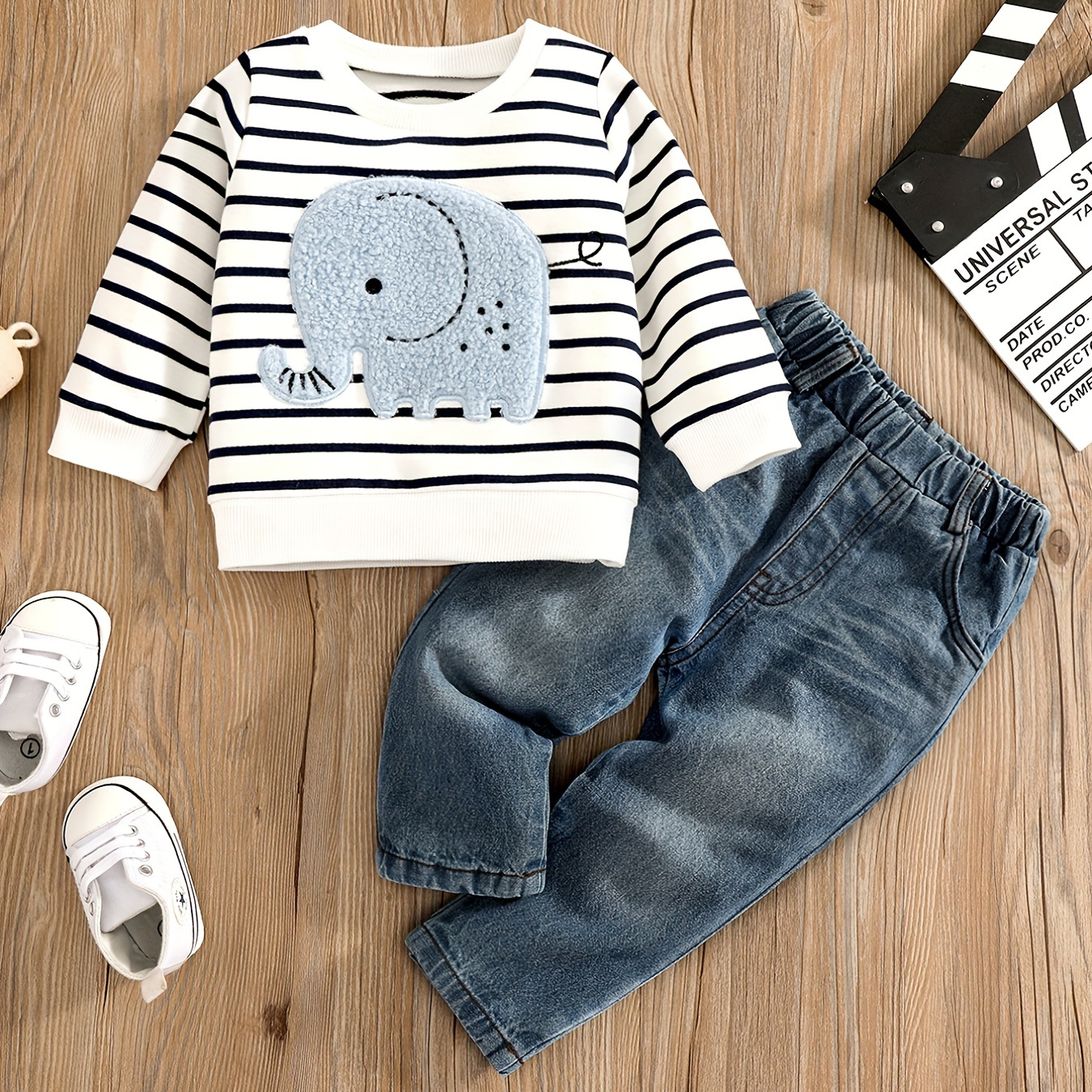 

Little Boy's Cute Animal Graphic Casual Outfits - Striped Long Sleeve Pullover Top Denim Jeans Set, Kids Clothes Autumn And Winter