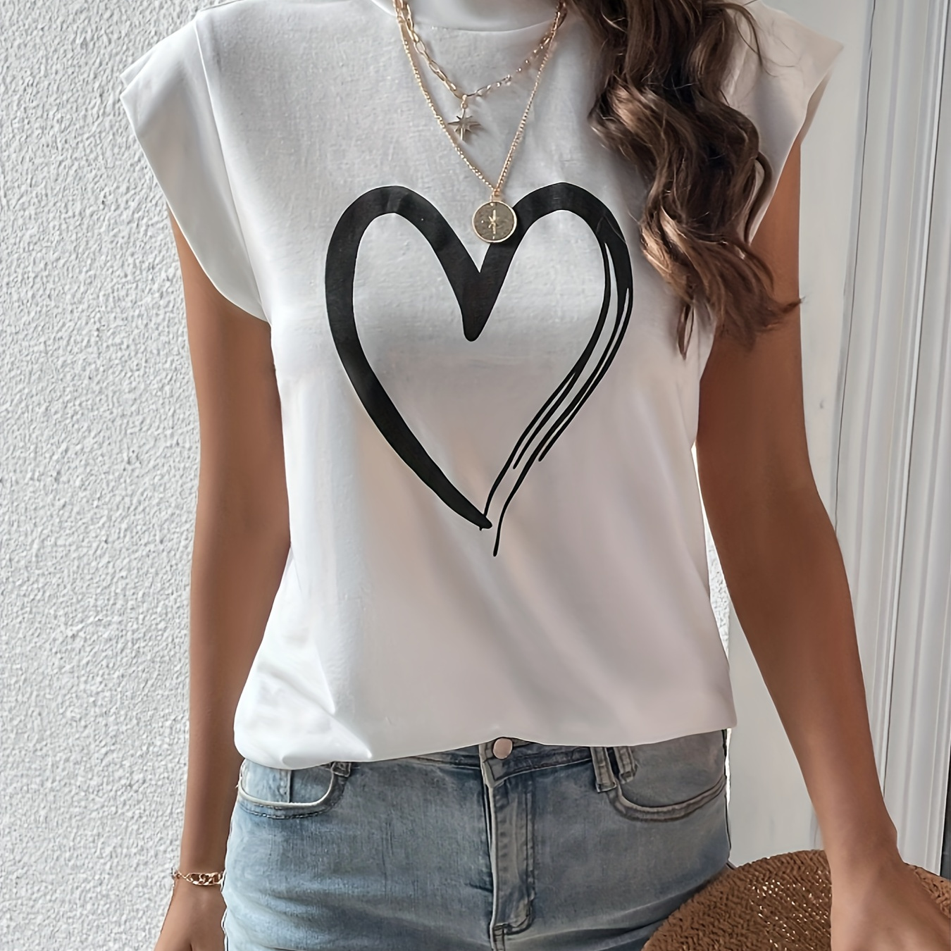 

Heart Print Cap Sleeve Top, Casual Mock Neck Sleeveless Top For Summer, Women's Clothing