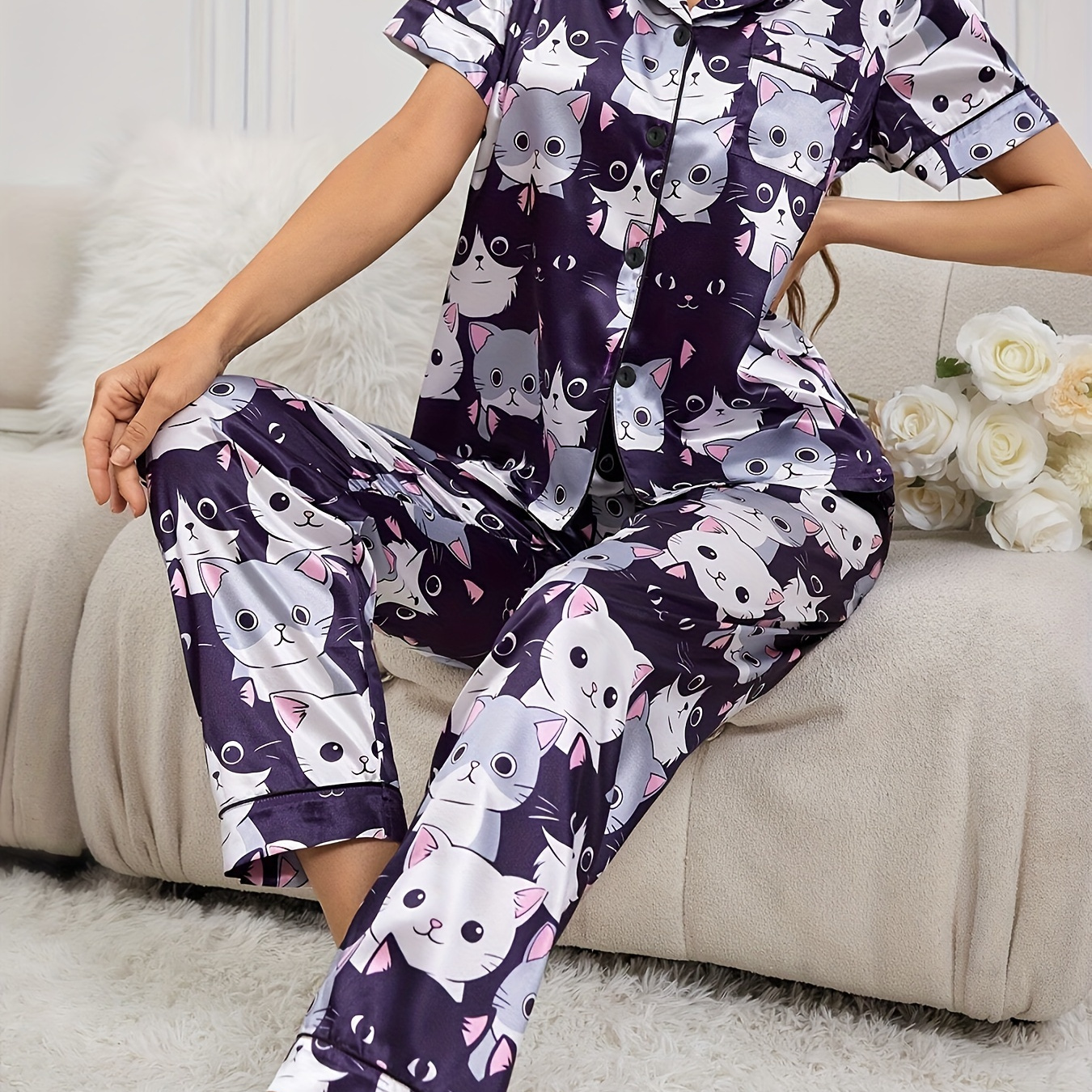 

Women's Allover Cartoon Cat Print Satin Cute Pajama Set, Short Sleeve Buttons Lapel Top & Pants, Comfortable Relaxed Fit