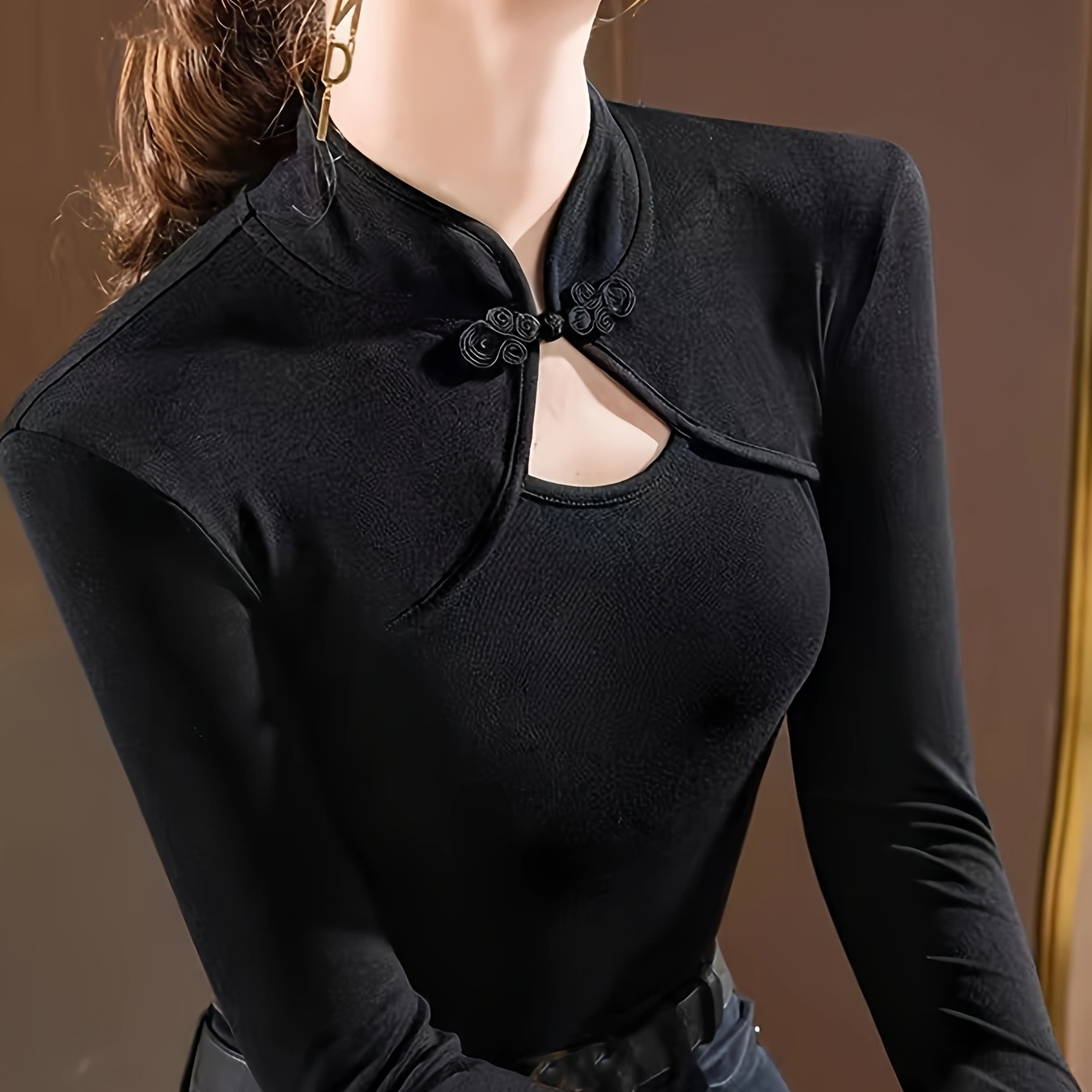 

Solid Color Stand Neck T-shirt, Elegant Button Front Long Sleeve T-shirt For Every Day, Women's Clothing