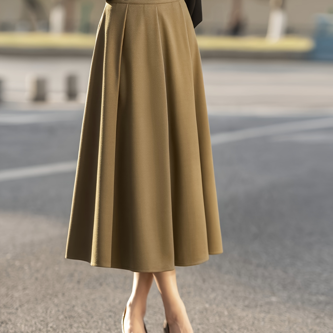 

Elegant High-waist A-line Midi Skirt In Coffee - Pleated Polyester With Spandex, Belted, Solid Color For Fall/winter