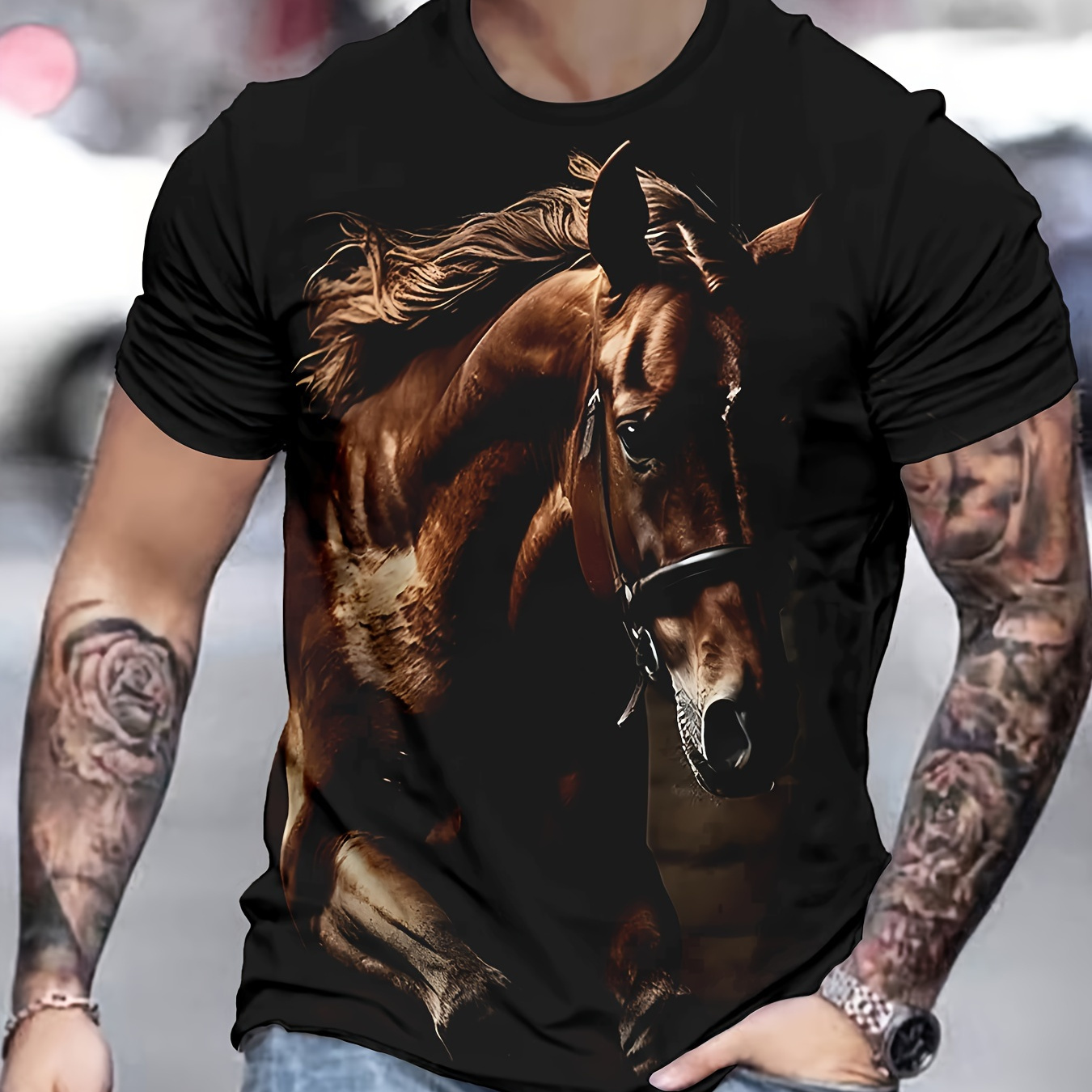 

Men's Horse Graphic Print T-shirt, Short Sleeve Crew Neck Tee, Men's Clothing For Summer Outdoor