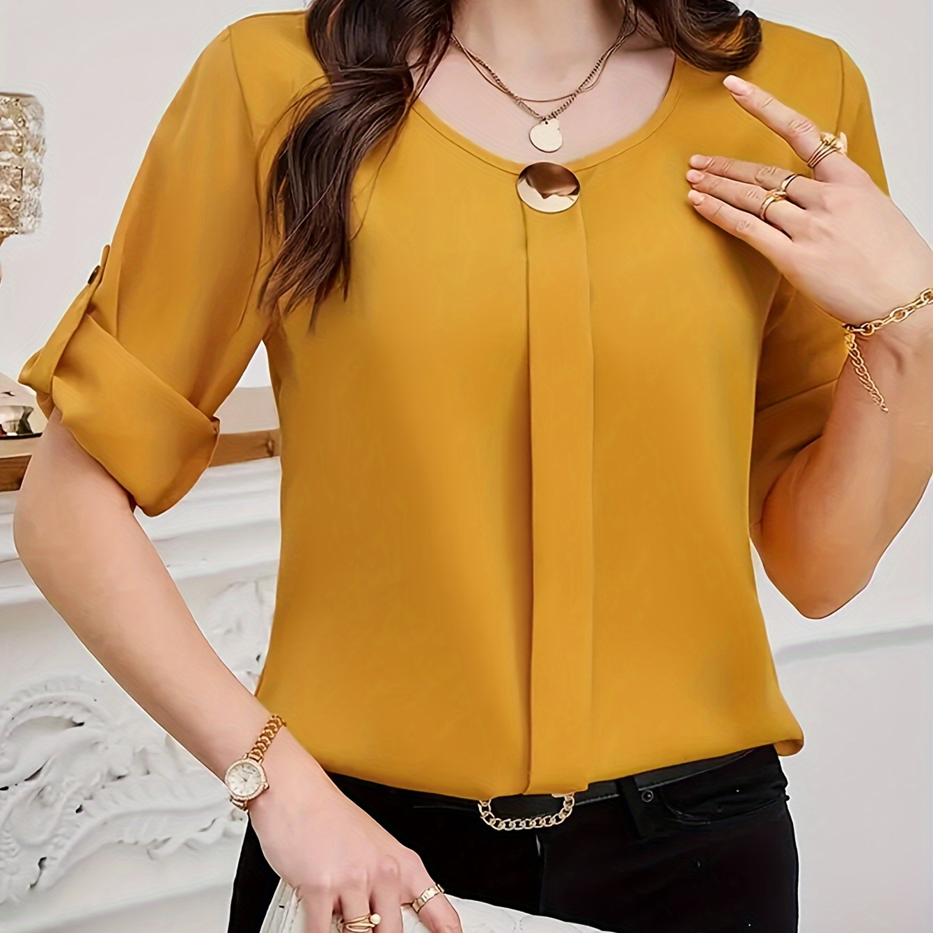 

Plain Color Crew Neck Simple Bouse, Elegant Roll-up Sleeve Top For Work & Ofice, Women's Clothing