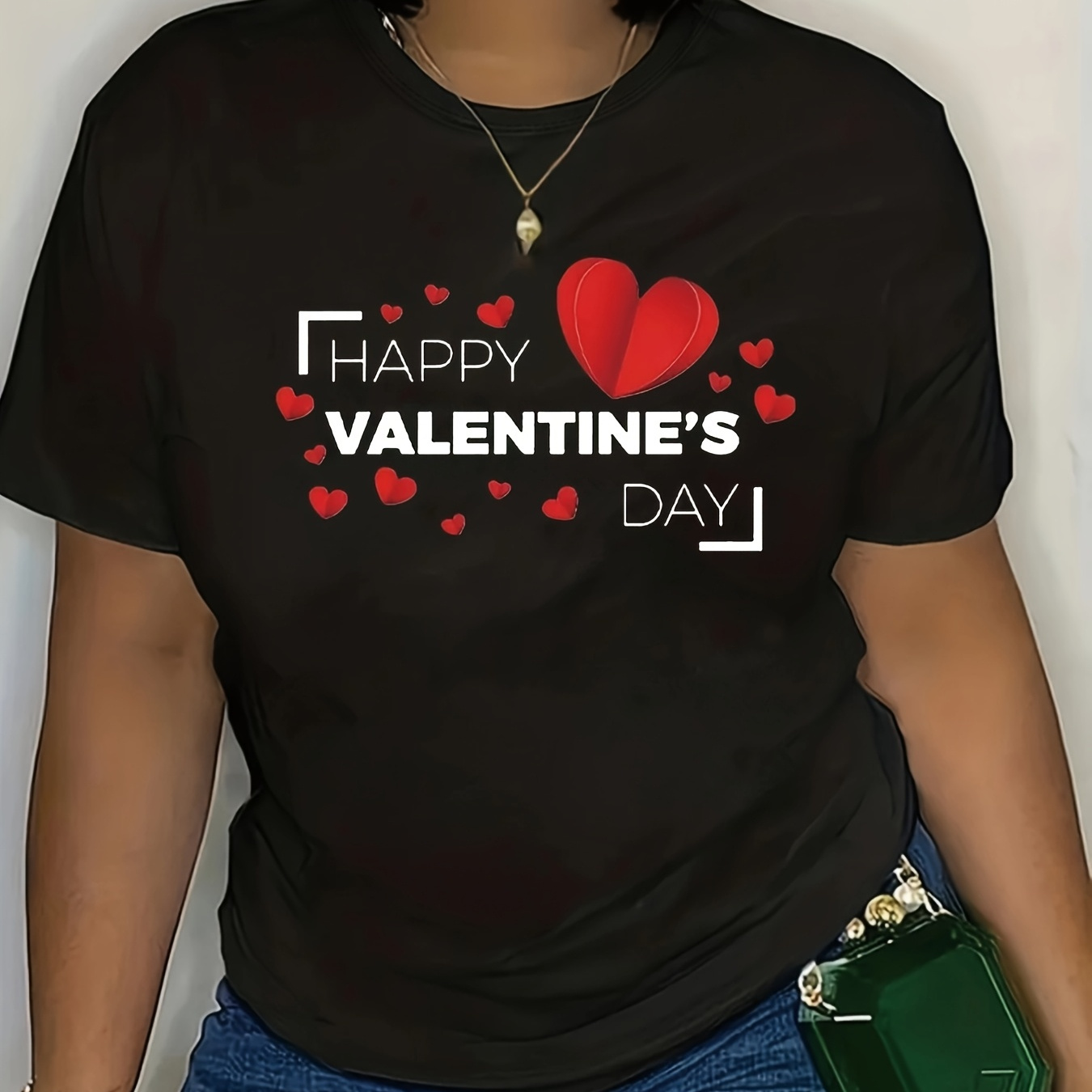 

Women's Plus Size Valentine's Day T-shirt - Casual Round Neck, Black With Red Heart And 'happy Valentine's Day' Print, Polyester , Machine Washable, Valentines Day Gifts