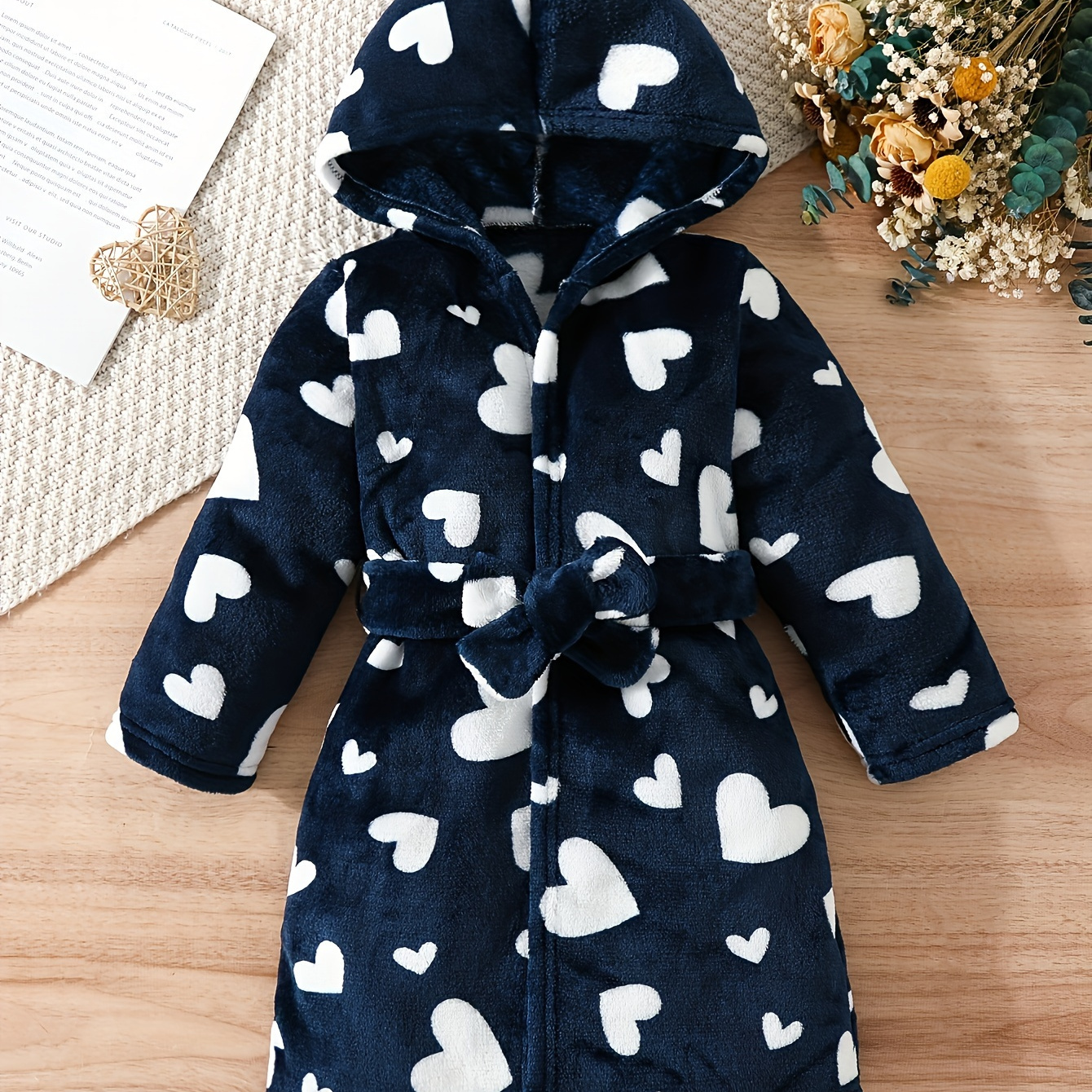 

Girls' Cute Hooded Polyester Fleece Robe With Heart Pattern And Belt - All-season Cozy Bathrobe For Children, Slight Stretch, One-piece Pullover Style, No Padding - Loose Fit Woven Sleepwear