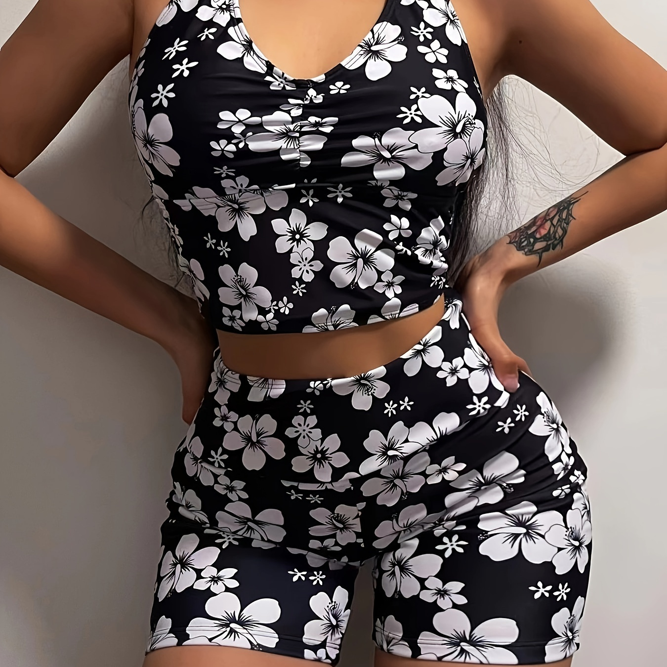 

Floral Print High-waisted Tankini Set, Women's Slimming Swimwear With Padded Top & Boyshorts, Stylish Two-piece Swimsuit