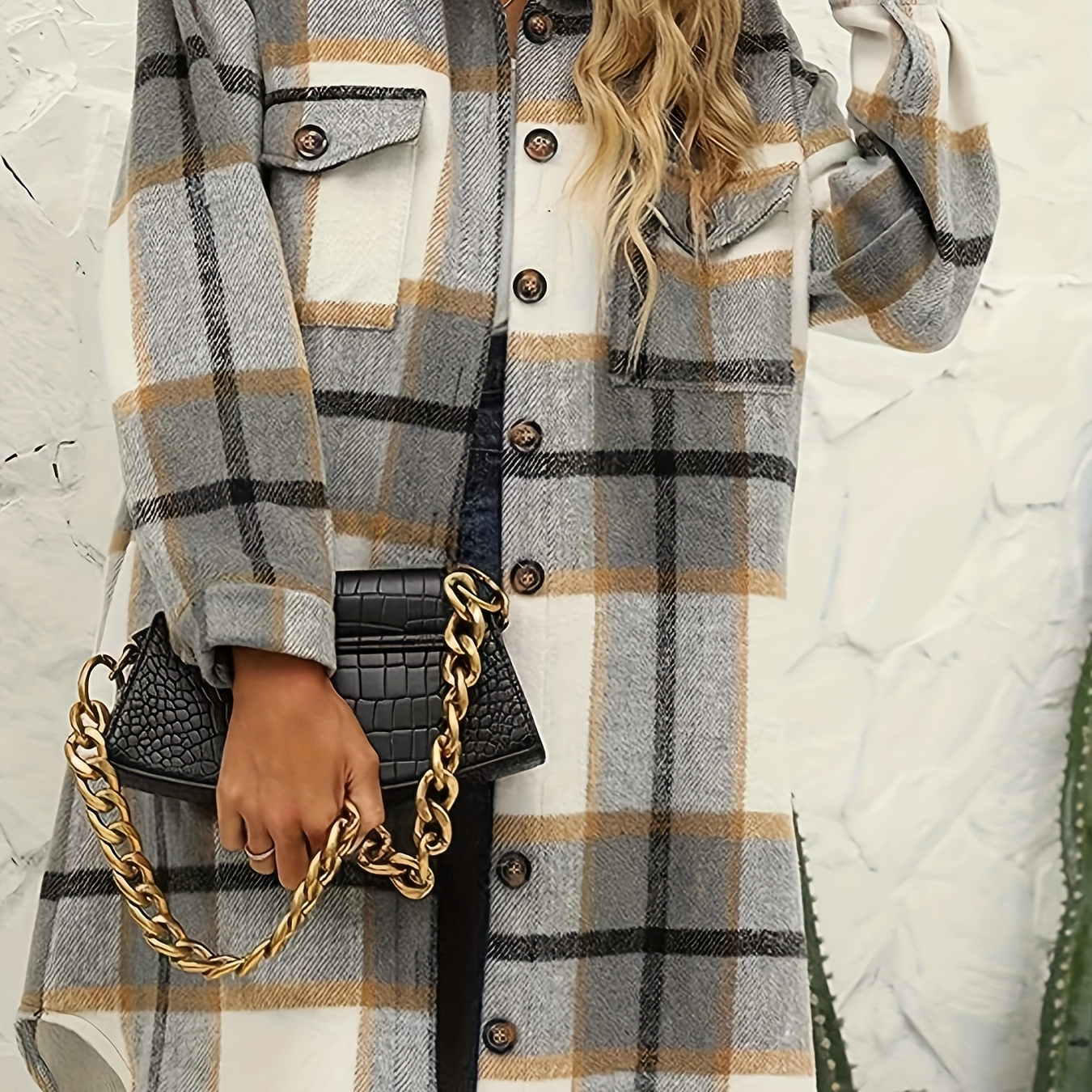 Plus Size Casual Coat, Women's Plus Plaid Pattern Long Sleeve Button Up Lapel Collar Shacket With Flap Pockets