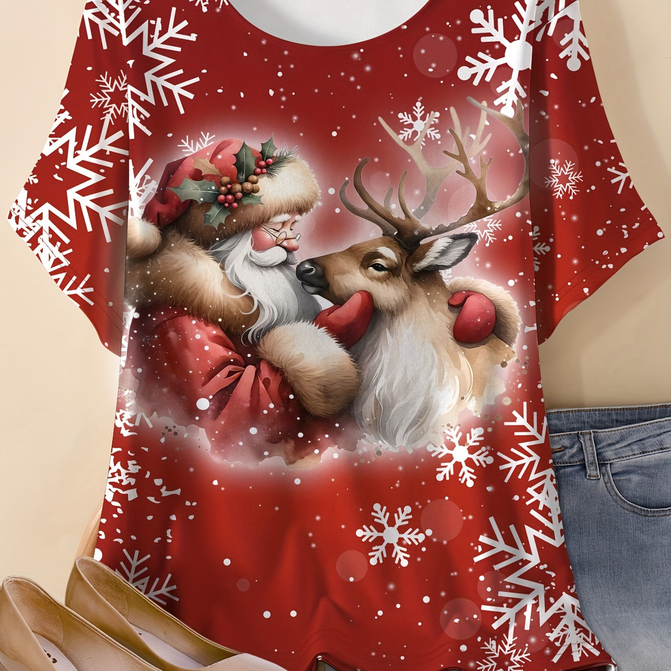 

Plus Size Christmas Santa Claus Print T-shirt, Casual Crew Neck Short Sleeve Top, Women's Plus Size Clothing