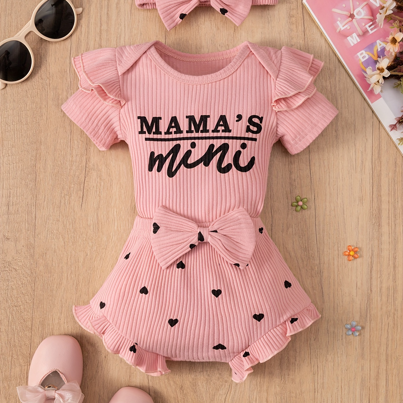 

Infant's "mama's Mini" Print Ribbed Bodysuit, Casual Short Sleeve Cotton Onesie, Baby Girl's Clothing