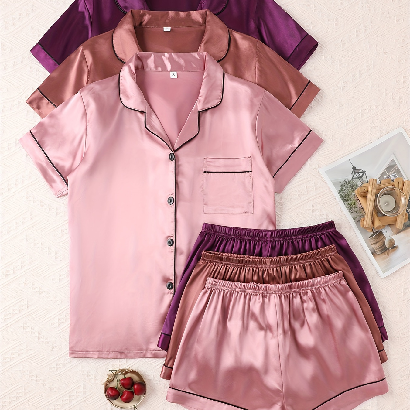 

3 Sets Women' Satin Casual Pajama Set, Short Sleeve Buttons Lapel Top & Shorts, Comfortable Relaxed Fit