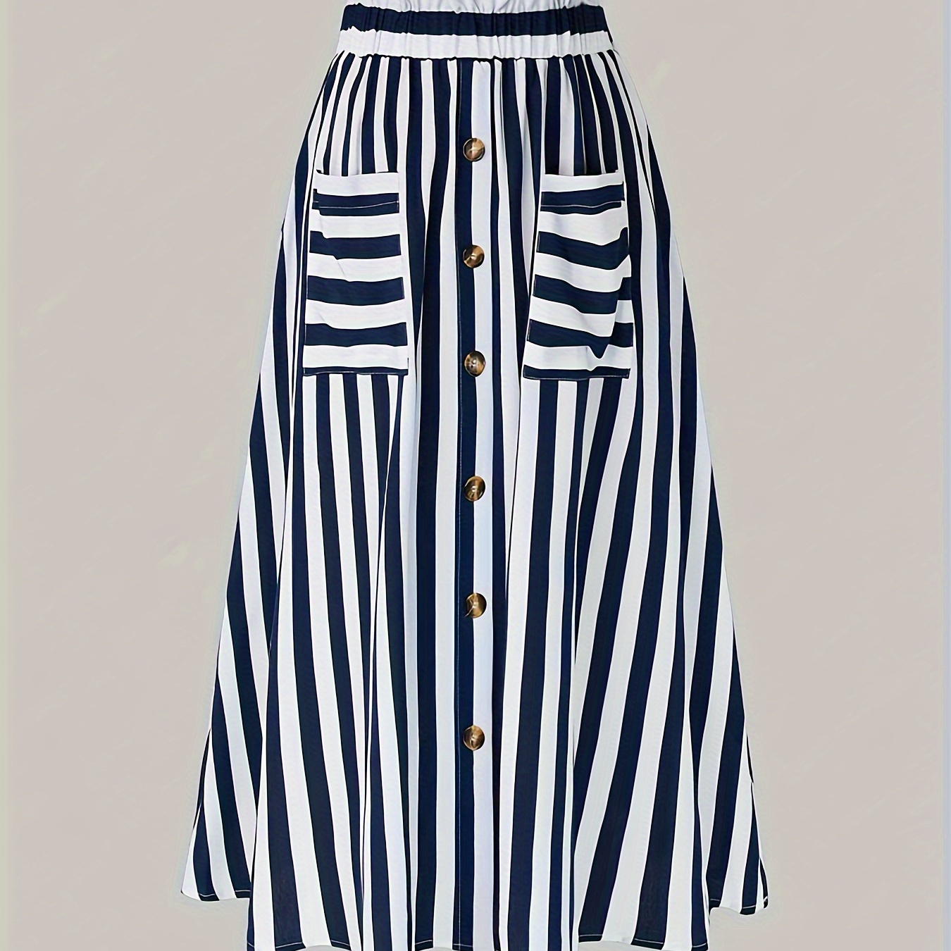 

Striped Fake Buttons Midi A-line Skirt, Elegant & Versatile High Waist Skirt For Spring & Summer, Women's Clothing