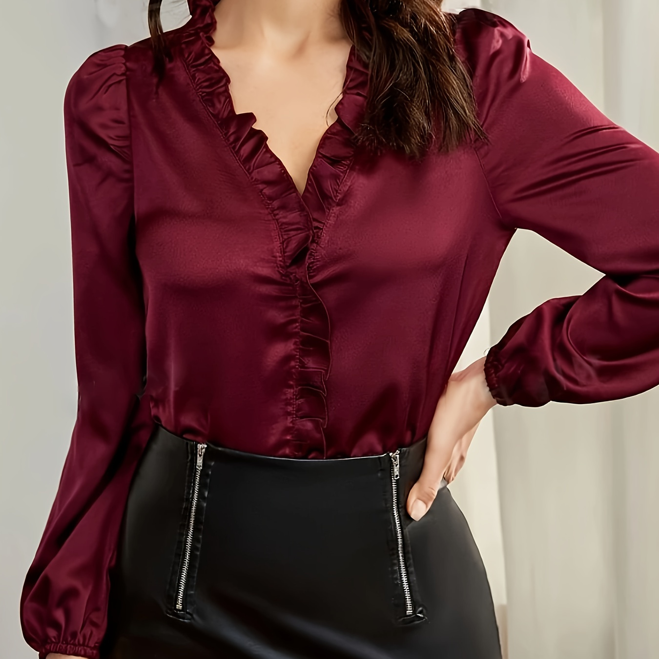 

Ruffle Trim Long Sleeve Blouse, Elegant Solid V Neck Blouse For Spring & Fall, Women's Clothing