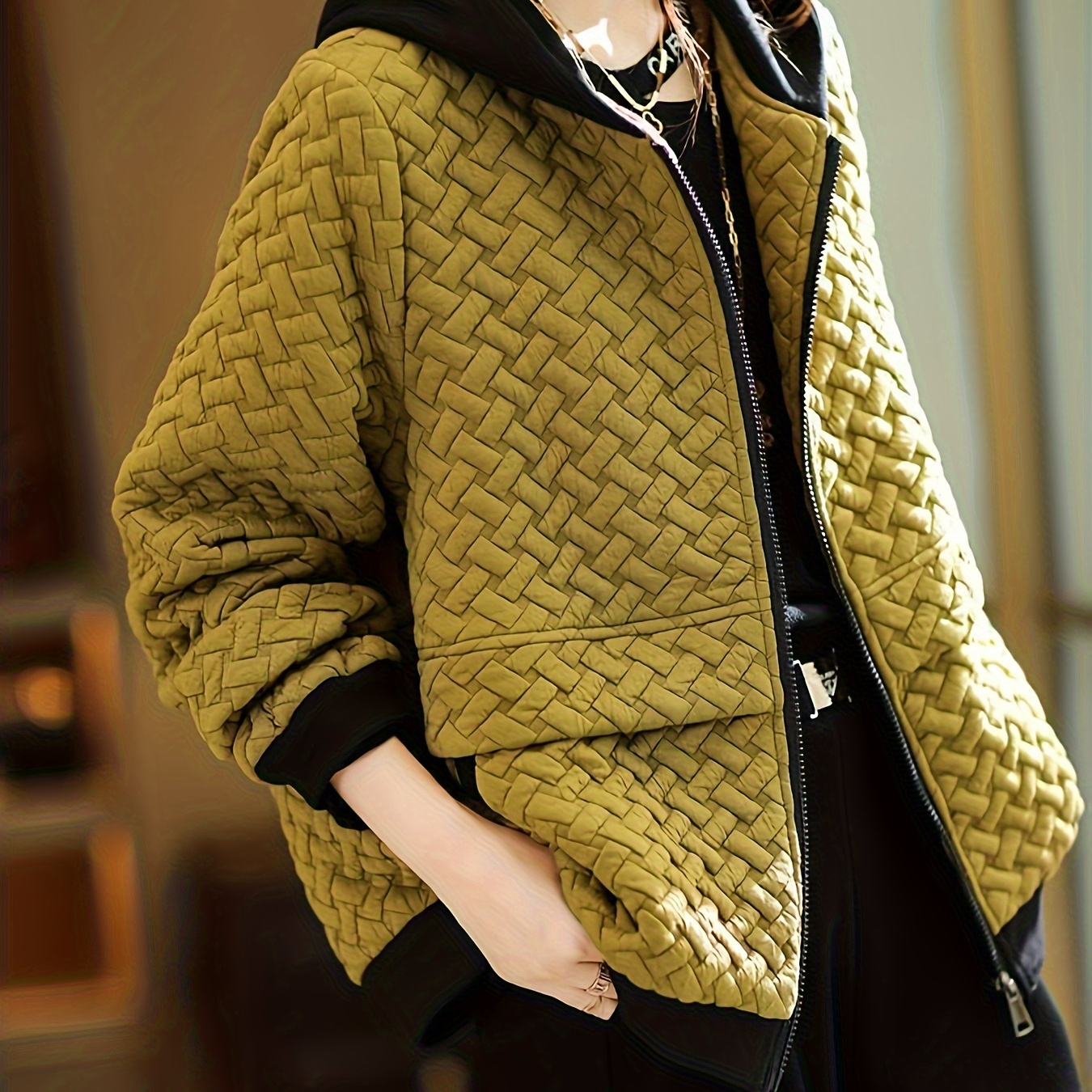 

Chic Hooded Polyester Jacket For Women - Solid Color Casual Quilted Textured Coat With Pockets, Long Sleeve, Woven Zip-up Outerwear For Spring/fall