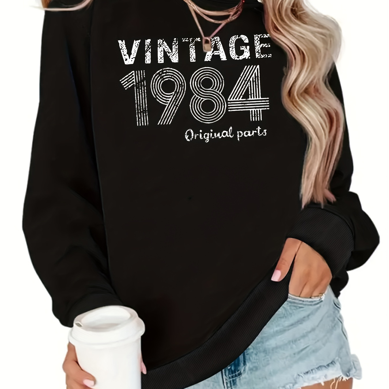 

Vintage-inspired 1984 Letter Neck Sweatshirt For Women - Casual Long Sleeve Pullover, Fall & Winter