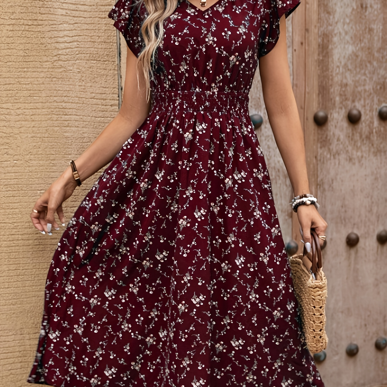 ruffle floral print midi dress in burgundy Bennet Floral Ruffle Trim Midi Dress