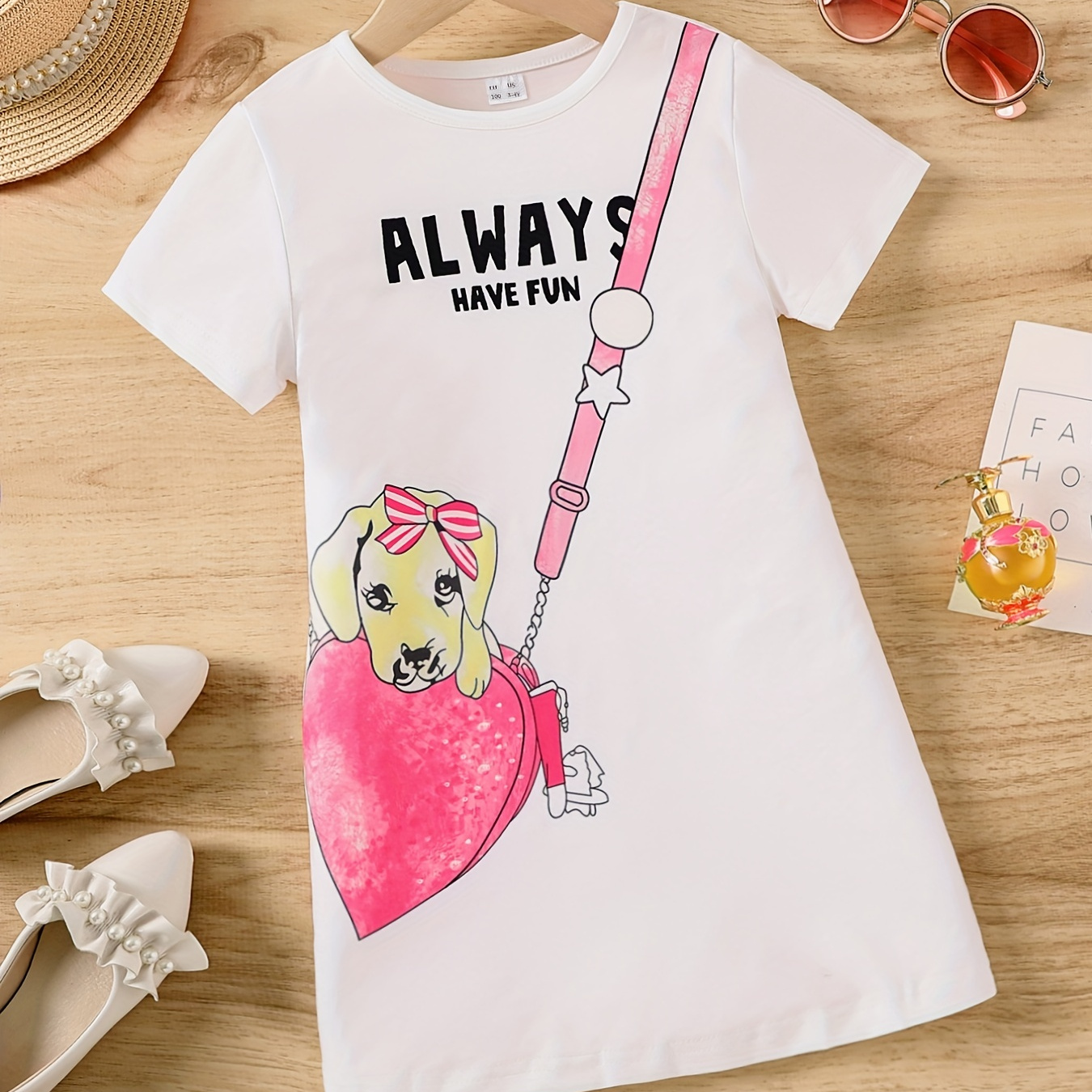 

Toddler Girls Short Sleeve Letter "always Have Fun" And Dog Graphic Casual Dress For Party Kids Summer Clothes