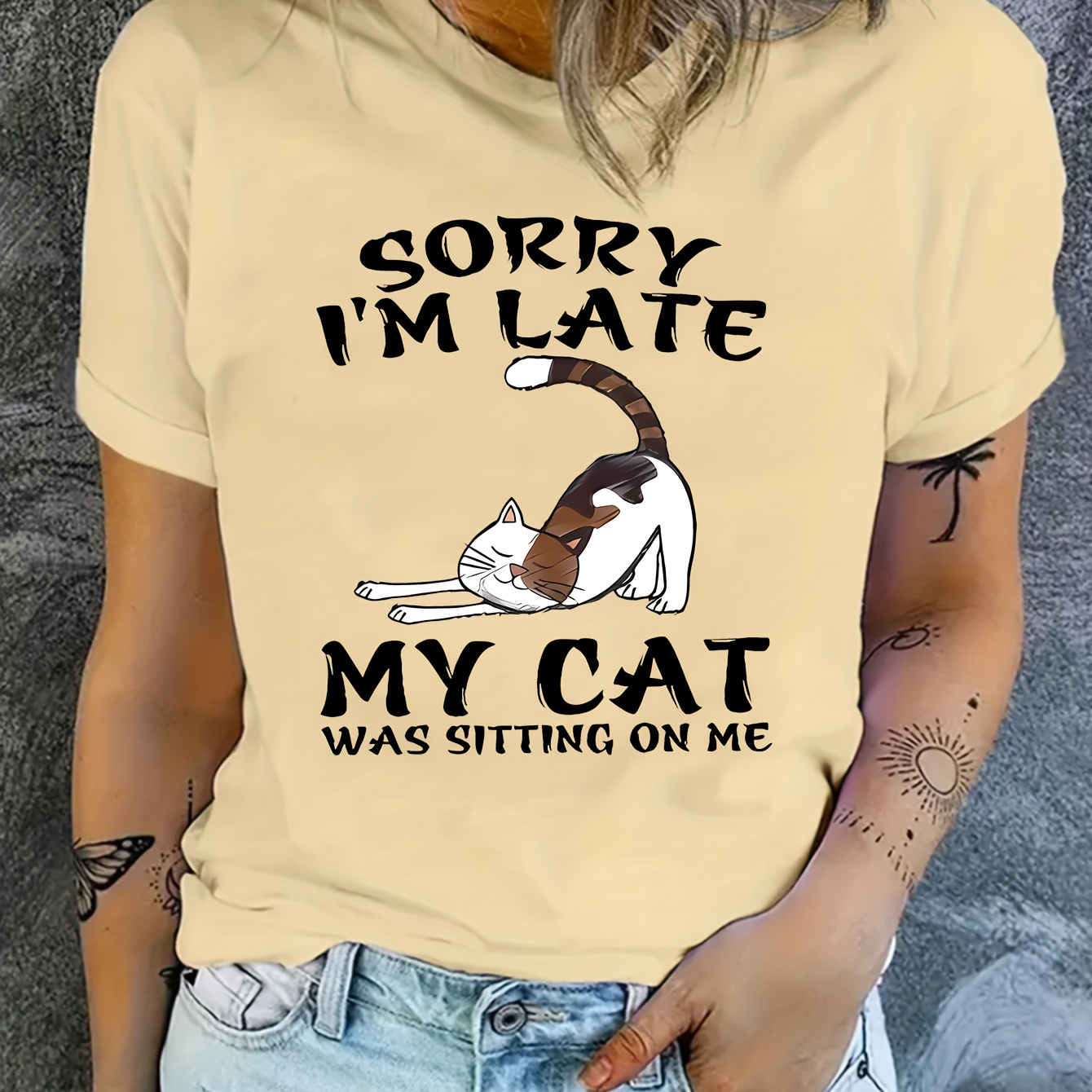 

Cat & Letter Print Summer T-shirt, Casual Short Sleeve Crew Neck Top, Women's Clothing