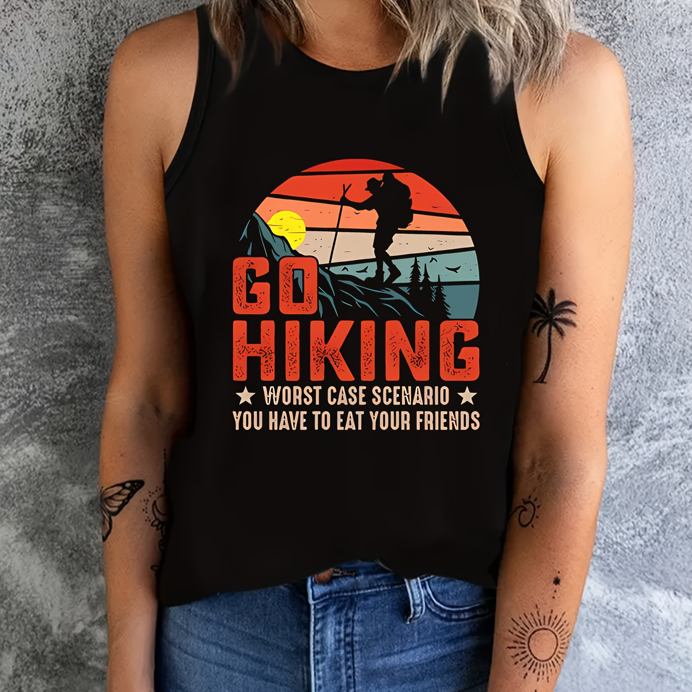 

Women's Sleeveless Black Tank Top With Go Hiking Graphic, Casual Athletic Style, Breathable Sunset & Hiker Print, Comfortable Activewear Shirt