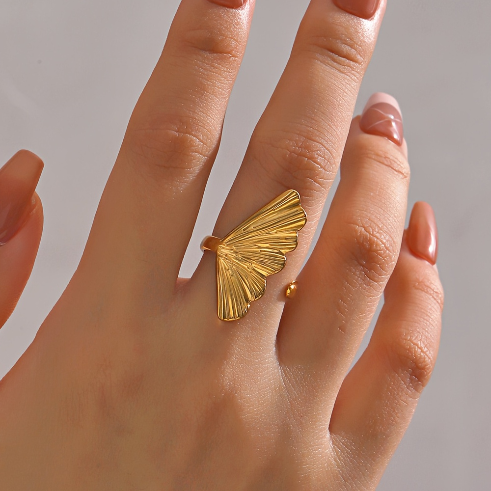 1 stk. Elegant og unik stor Ginkgo Blade Rustfri Stål Ring til Damer - Overdimensioneret Boheme Stil Ginkgo Blade 18K Guldbelagt Justerbar Åben Ring - Perfekt til Hverdagsbrug, Ferier, Fester og Som en Fantastisk Gave til Venner