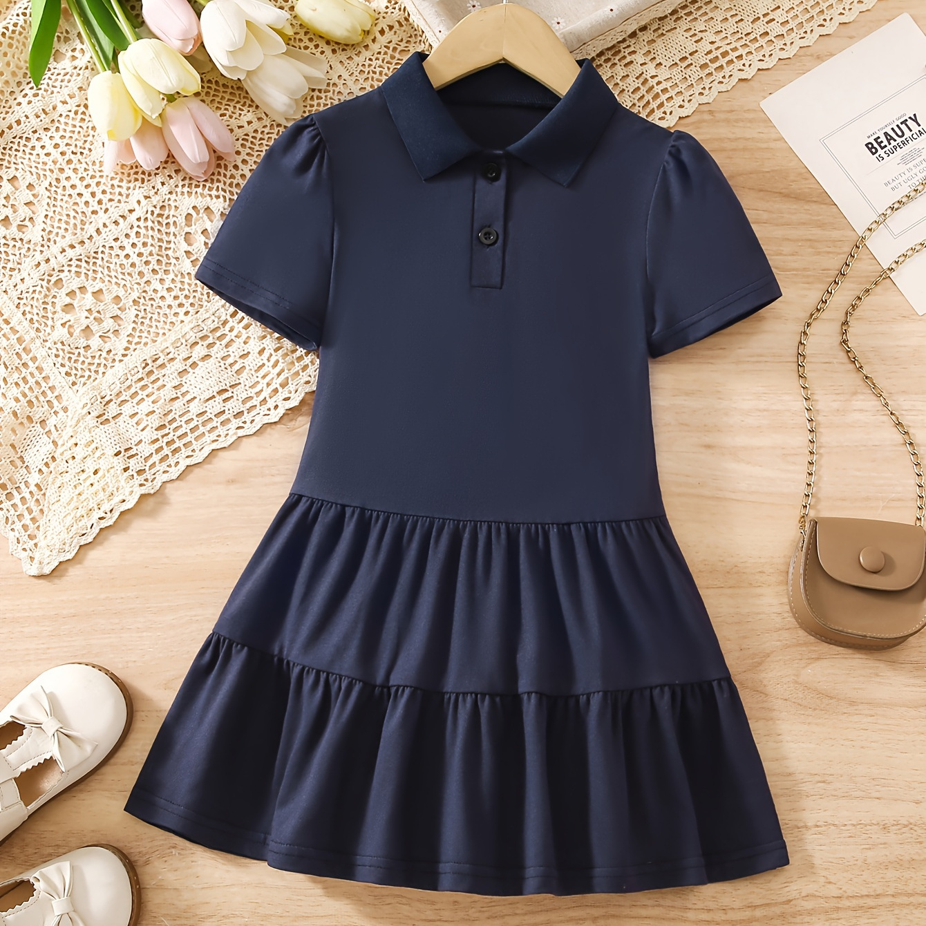 

Girls Plain Color 1/4 Button Collar Sporty Dress Pleated Hem School Casual Dresses For Outdoor