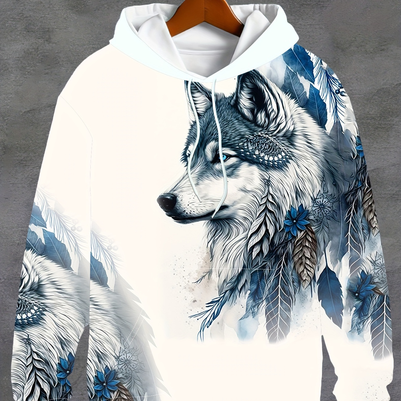 

3d Men's Blue, Green, 4-color Wolf Head Pattern Long Sleeve Casual Hoodie With Drawstring Pockets, Fashion Pattern Hooded Jacket Sweatshirt, Fashionable Sweatshirt Casual Spring And Autumn Top