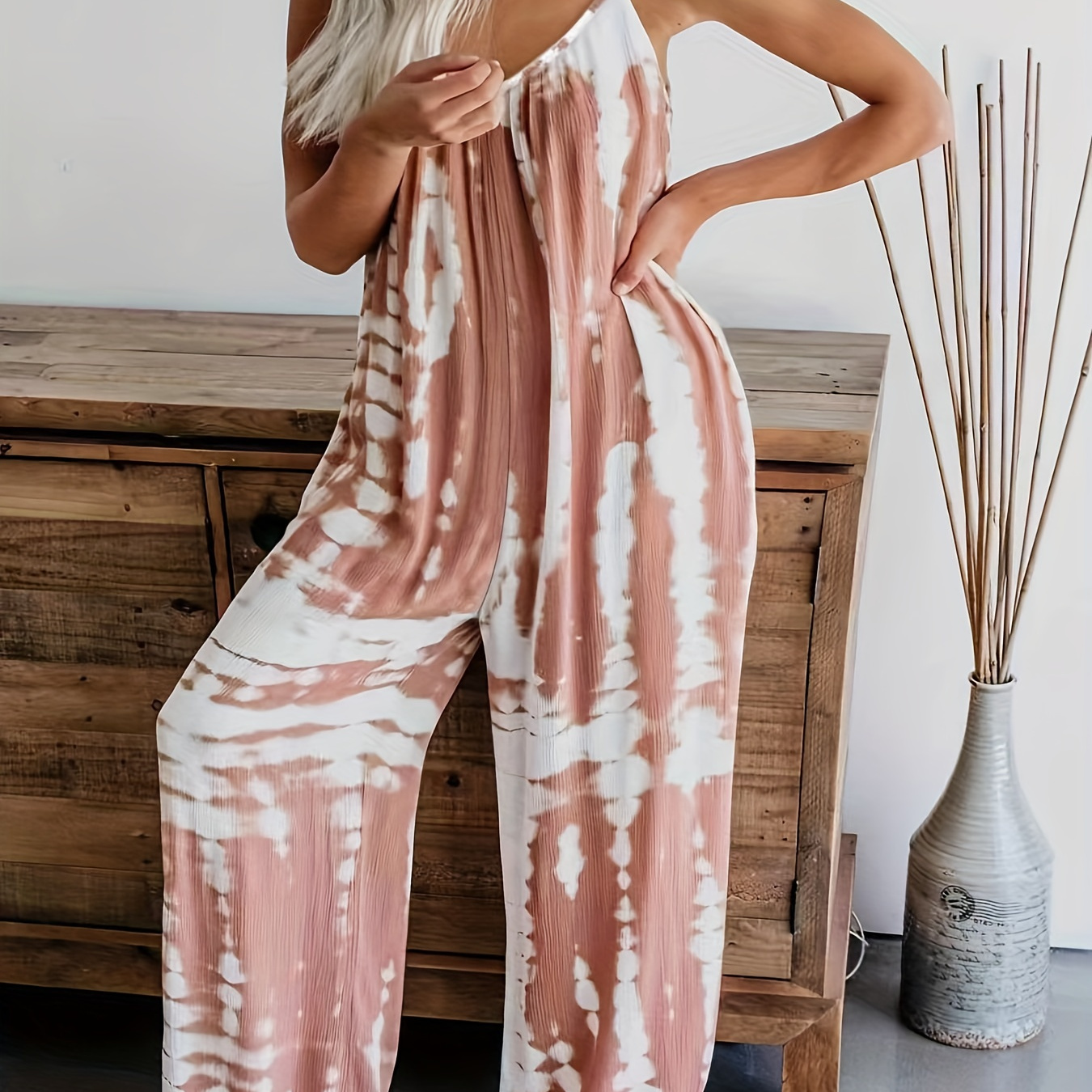 

Plus Size Boho Jumpsuit, Women's Plus Tie Dye V Neck Medium Stretch Loose Fit Jumpsuit