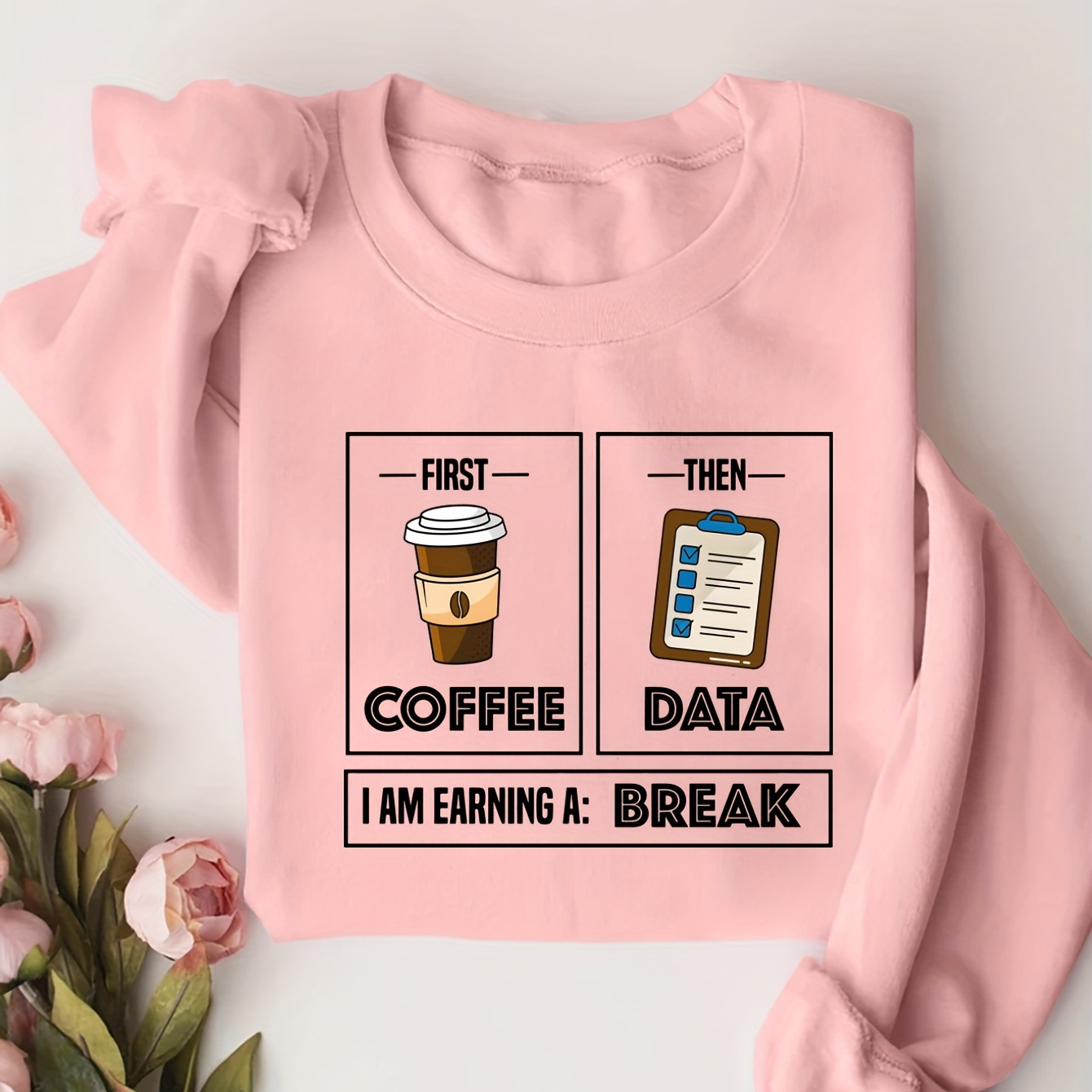 

Coffee ＆ Data Print Pullover Sweatshirt, Casual Long Sleeve Crew Neck Sweatshirt For Fall & Winter, Women's Clothing