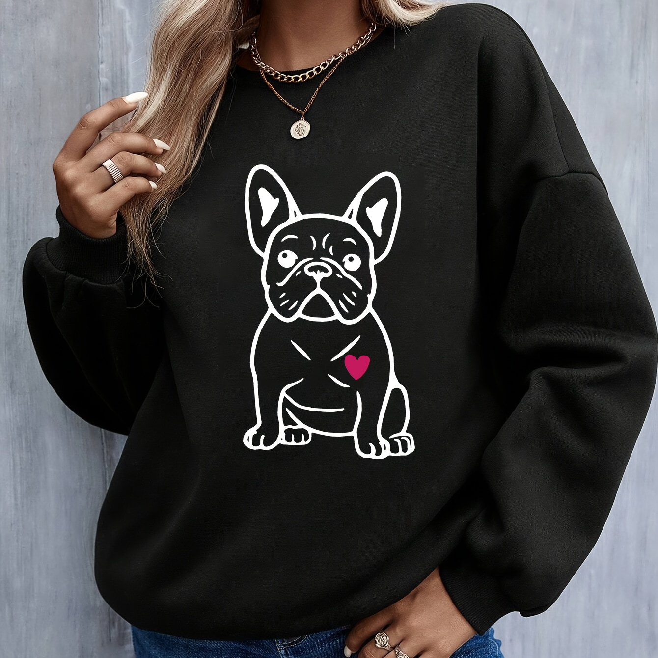 

Cozy Fleece-lined Women's Crew Neck Sweatshirt - Casual Long Sleeve Pullover With Cute Dog Print, Machine Washable