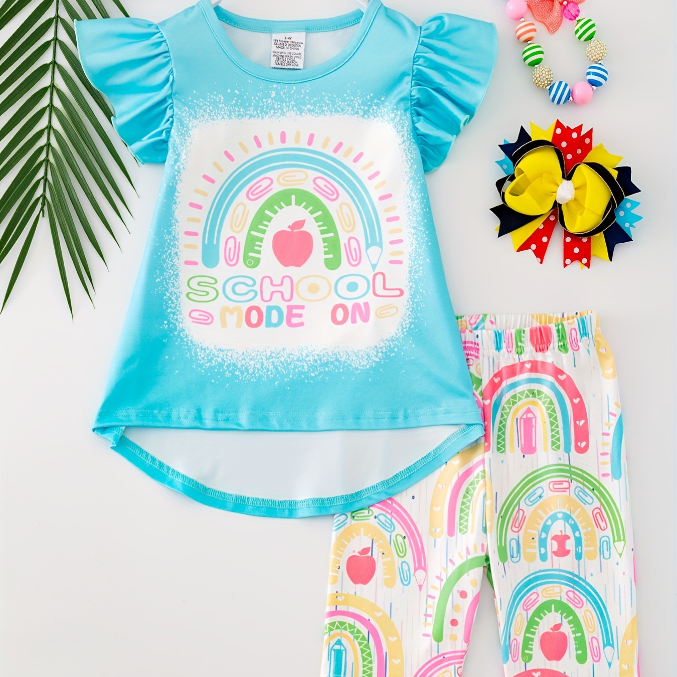 

2-piece School & Rainbow Pattern Ruffle T-shirt + Biker Shorts Girl's Set, Summer Going Out Girls Clothes Back-school Gift