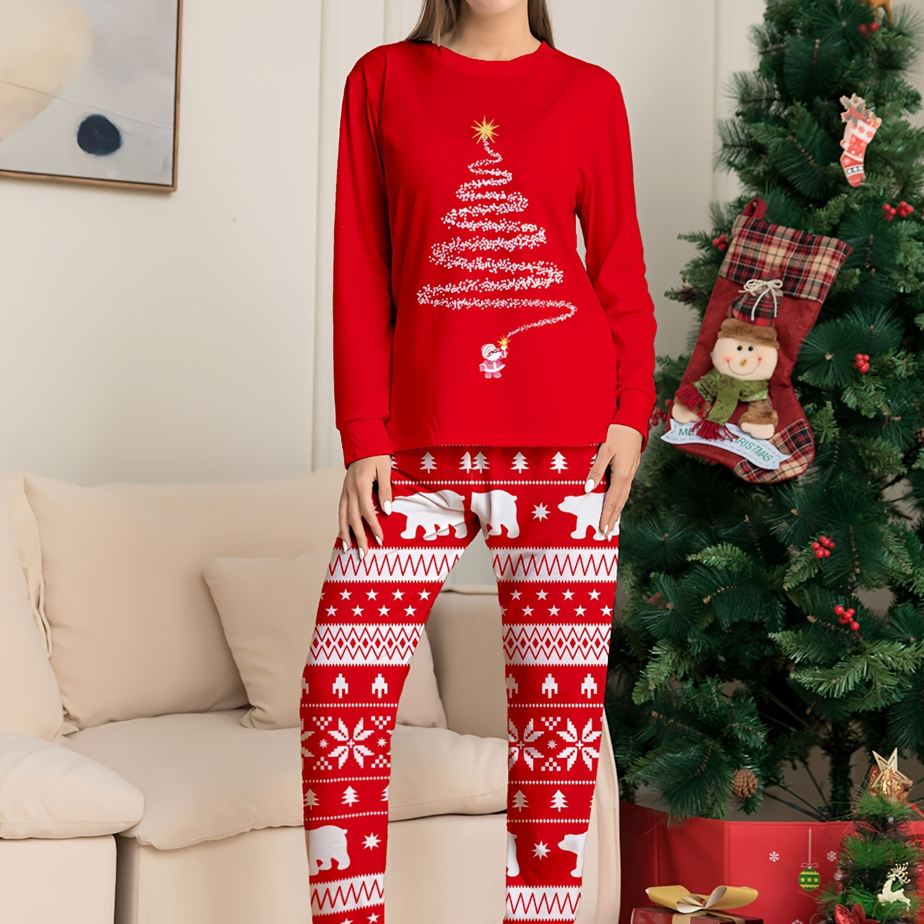 Baikeli Chirstmas Pajamas Matching Set Soft Round Collar Long Sleeve Tops  Classic Festive Red Pants Sleepwear PJS Xmas in Game Night Navidad Pijama  Mujer 